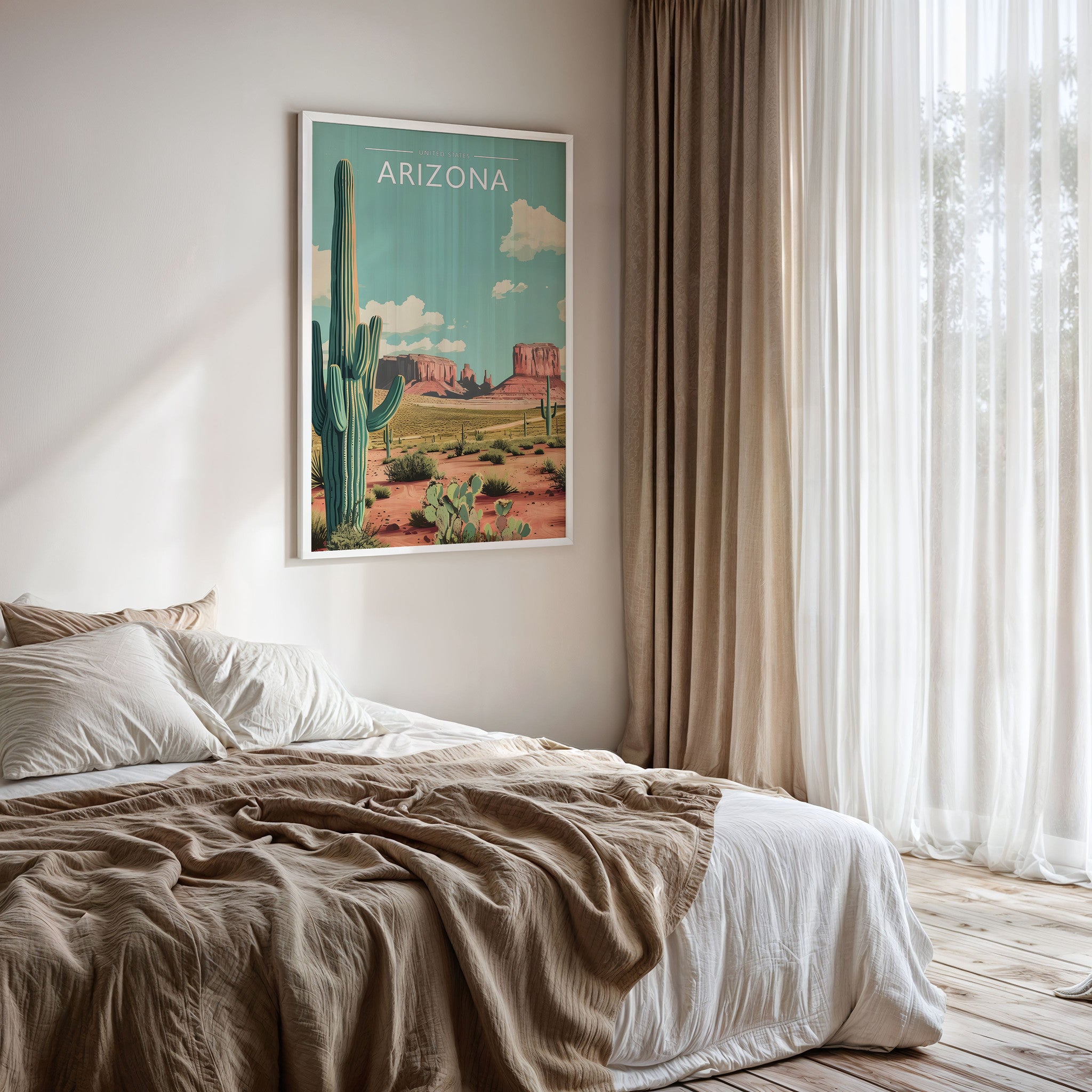 Arizona Travel Poster framed on a bedroom wall
