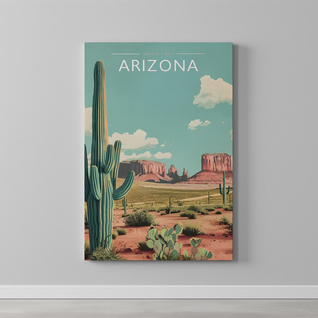 Arizona Travel Poster as a gallery-wrapped canvas on a plain wall
