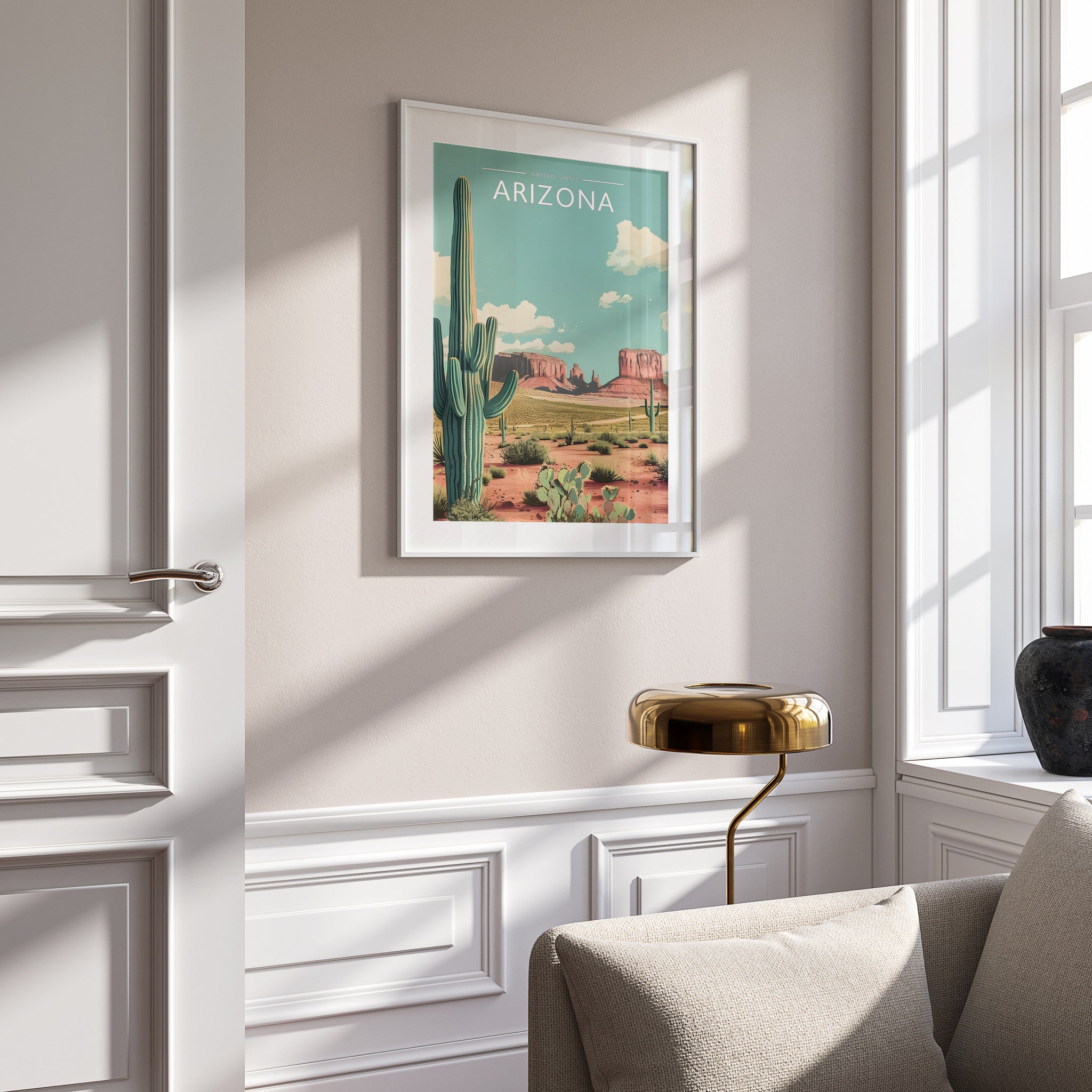 Arizona Travel Poster in a white frame on a panelled wall