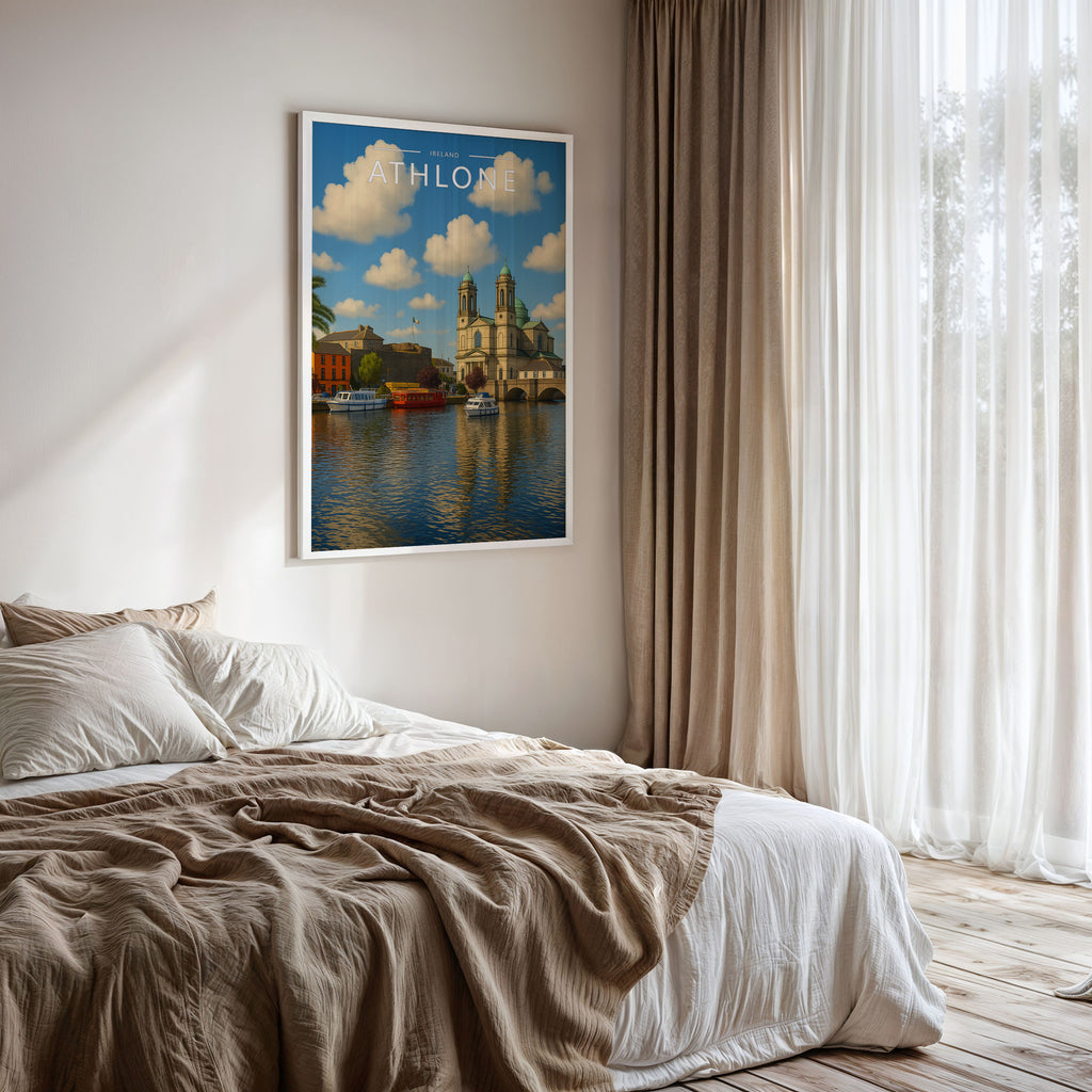 Athlone Travel Poster framed on a bedroom wall