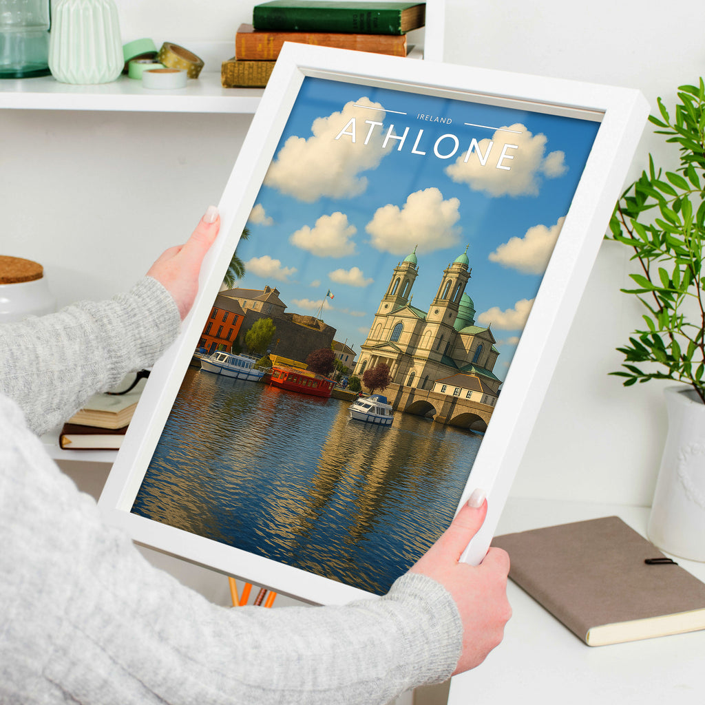 Athlone Travel Poster in a white frame, held to show scale