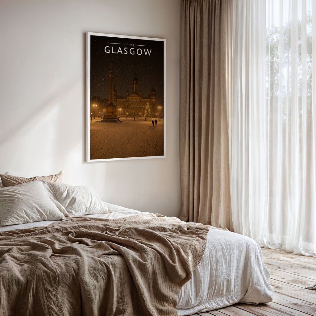 Glasgow Travel Poster framed on a bedroom wall