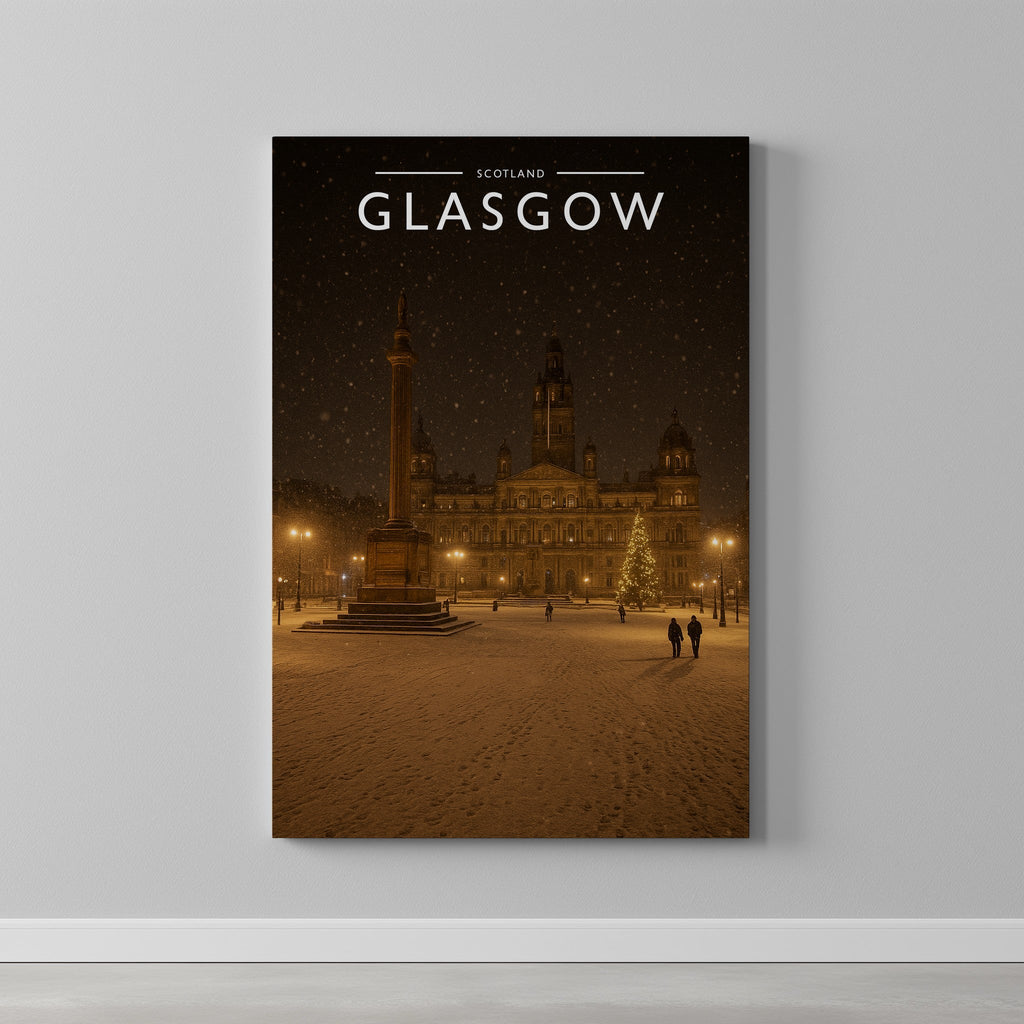 Glasgow Travel Poster as a gallery-wrapped canvas on a plain wall
