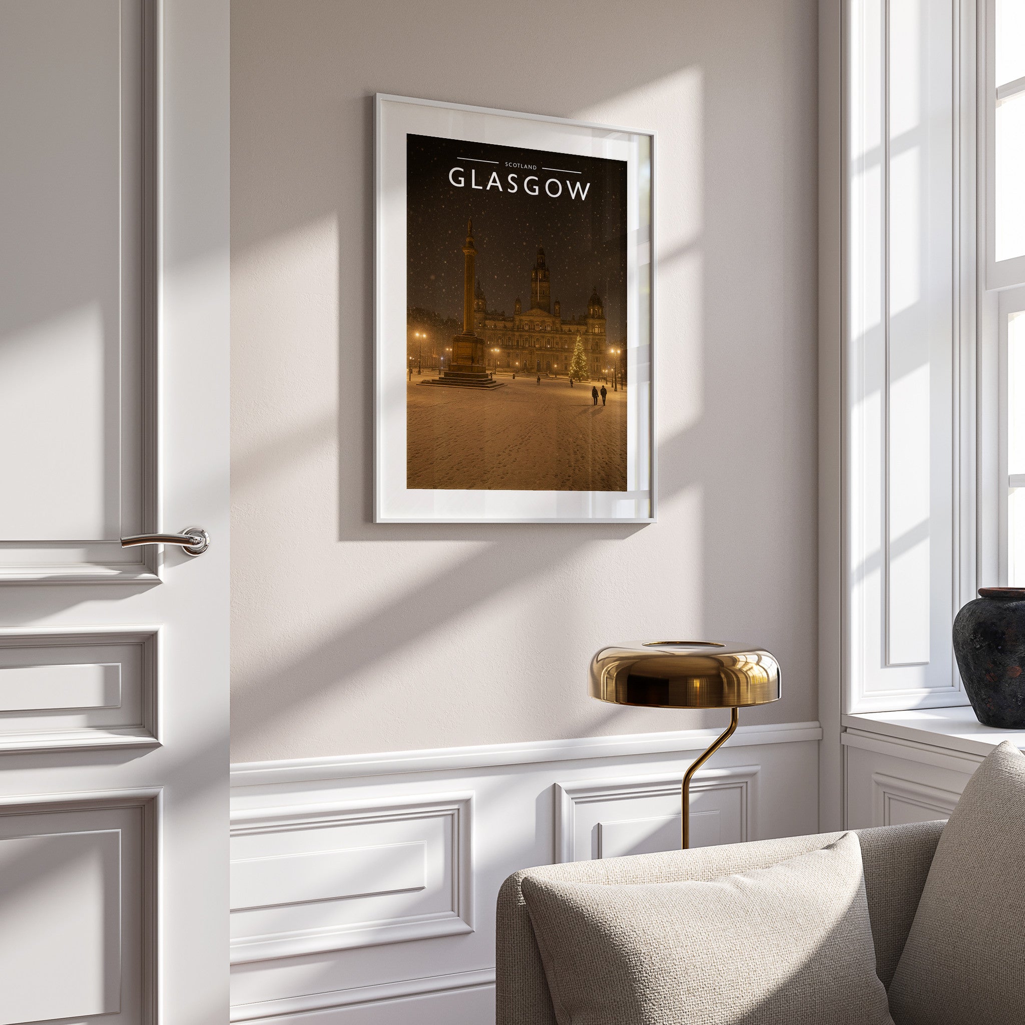 Glasgow Travel Poster in a white frame on a panelled wall