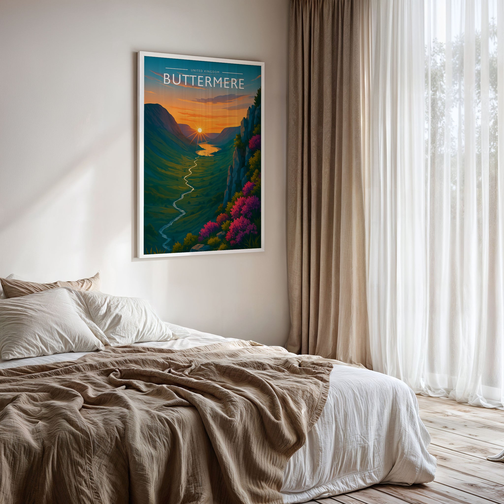 Buttermere Travel Poster framed on a bedroom wall