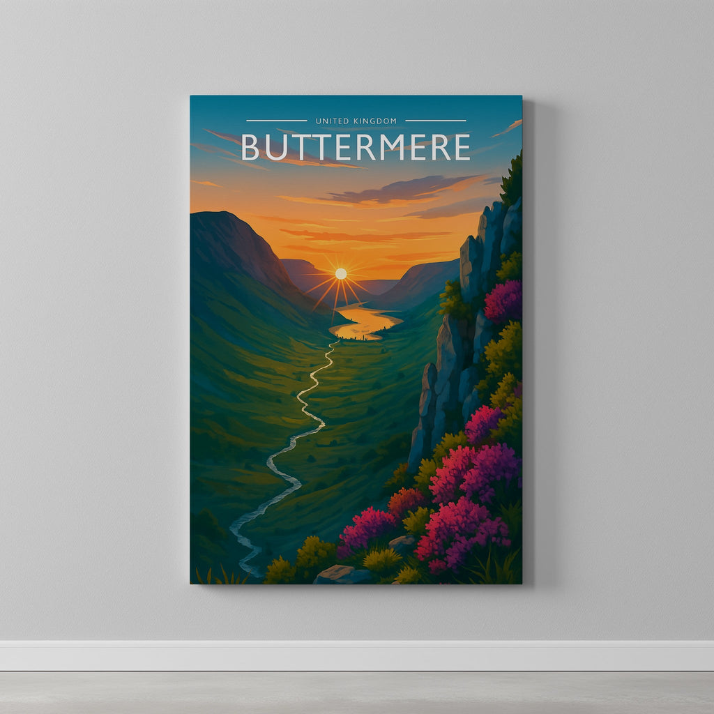 Buttermere Travel Poster as a gallery-wrapped canvas on a plain wall