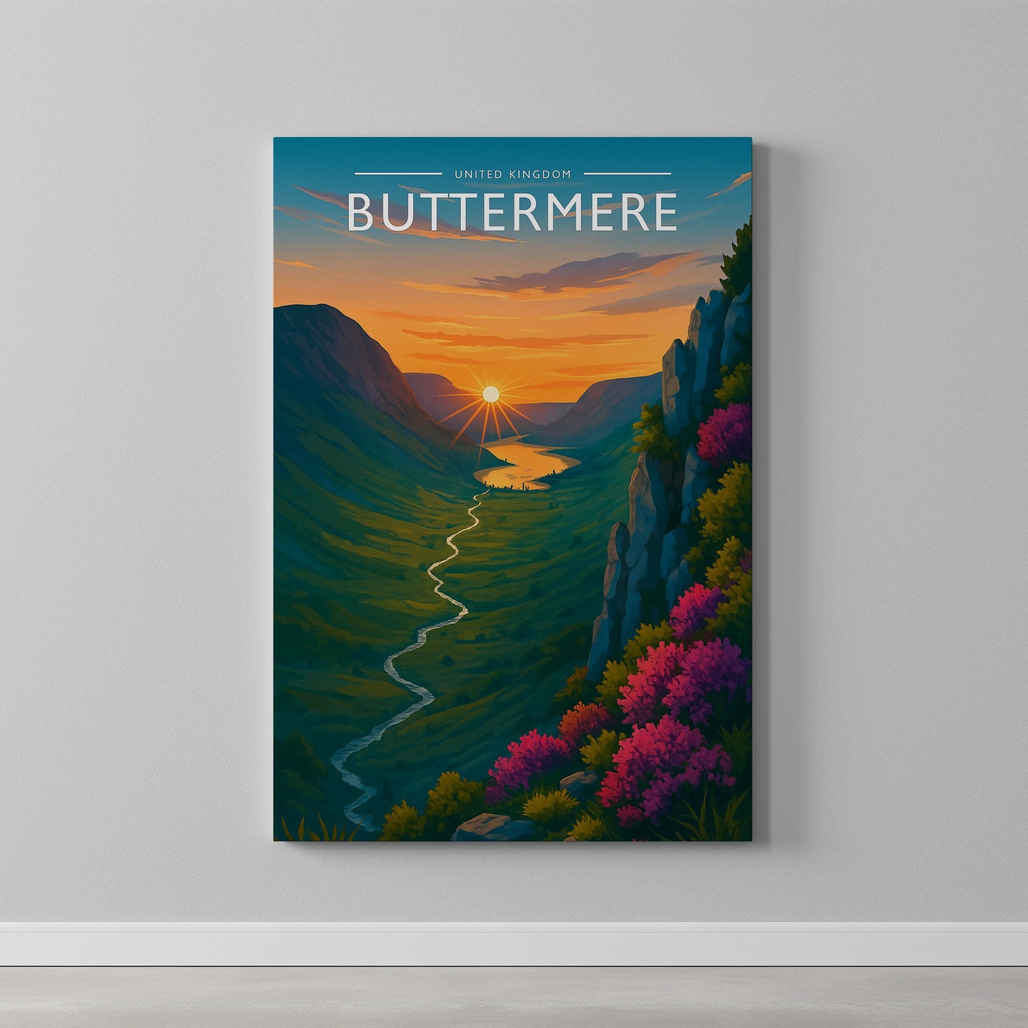 Buttermere Travel Poster as a gallery-wrapped canvas on a plain wall