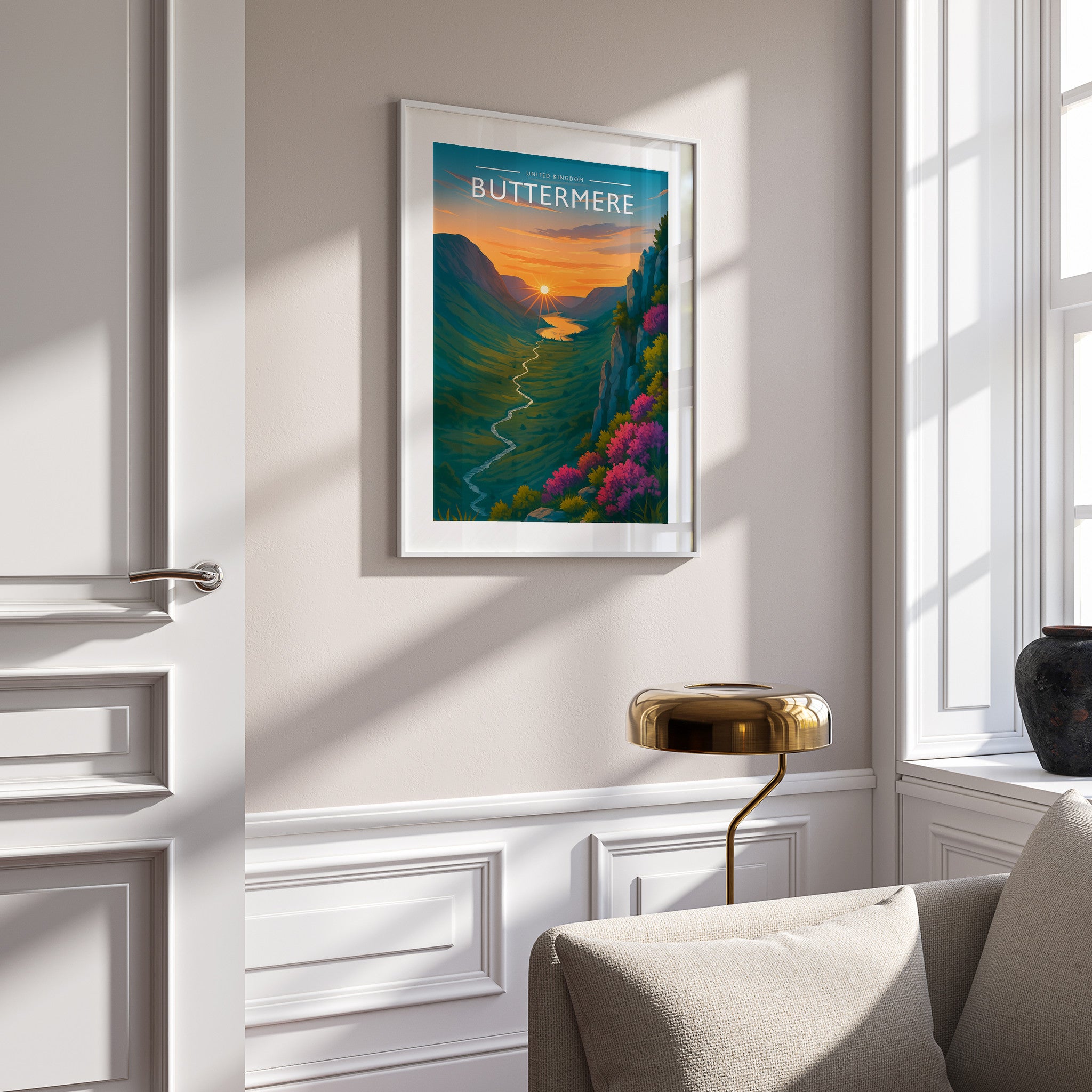 Buttermere Travel Poster in a white frame on a panelled wall