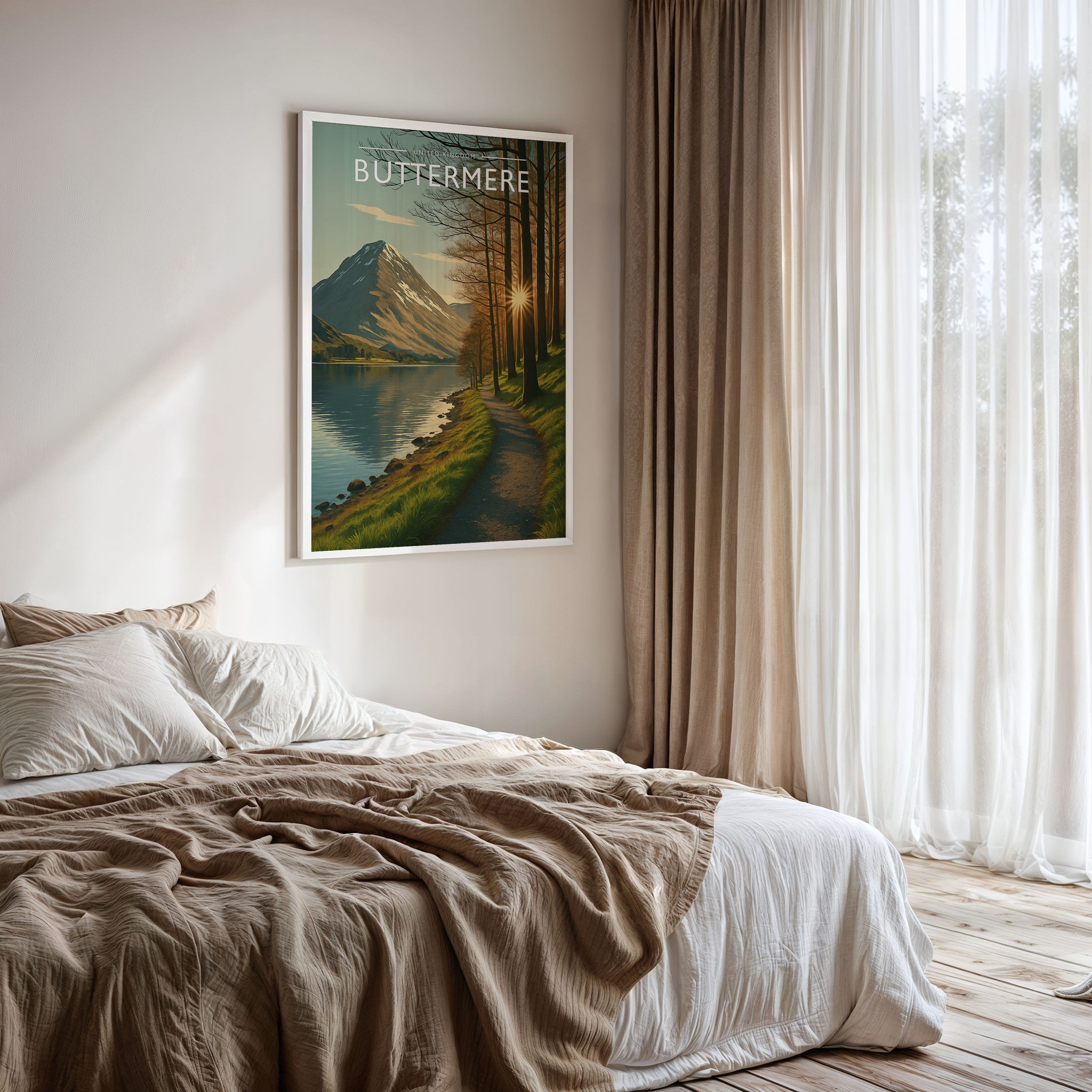 Buttermere #2 Travel Poster framed on a bedroom wall
