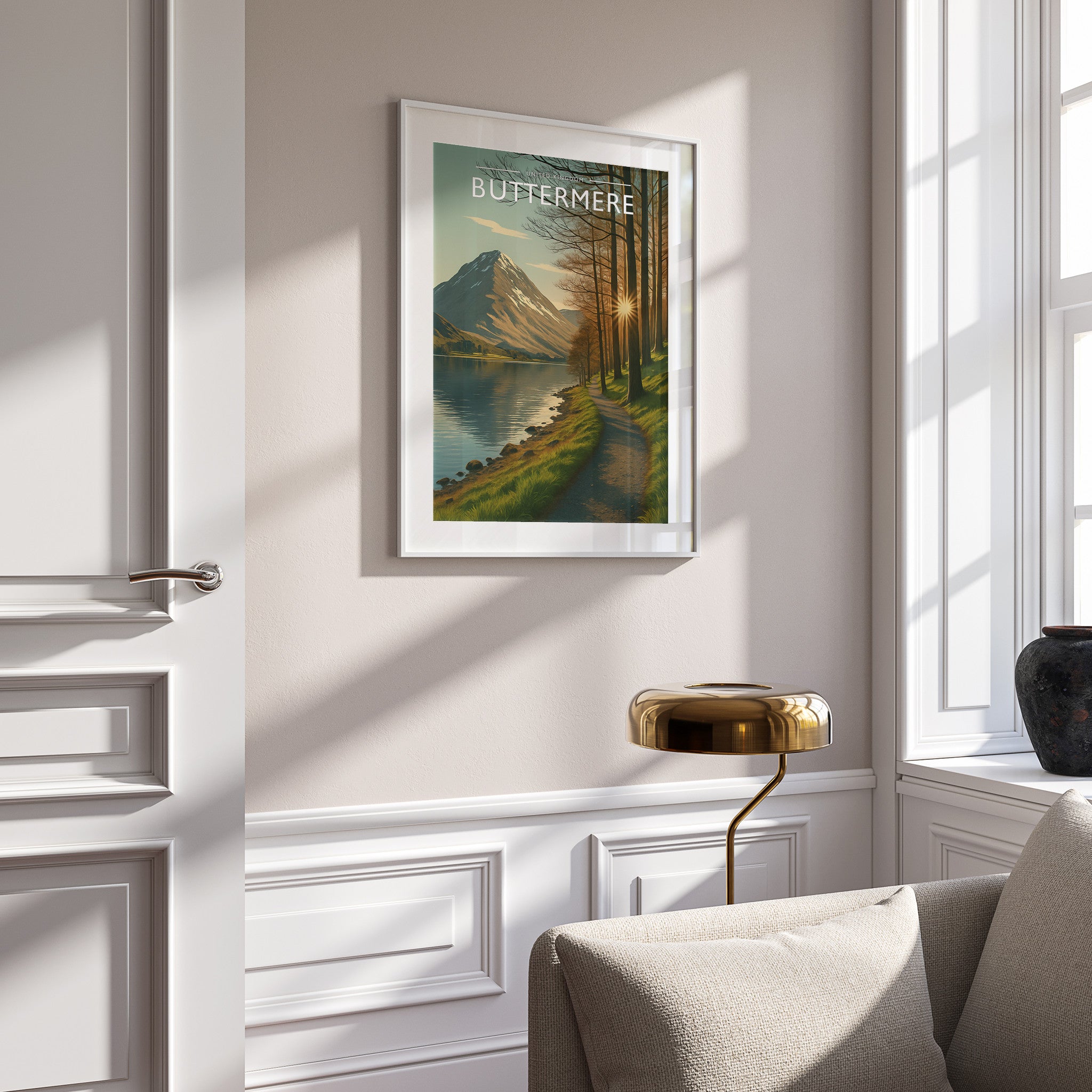 Buttermere #2 Travel Poster in a white frame on a panelled wall