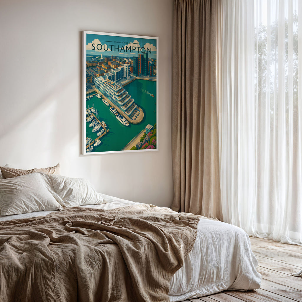 Southampton Travel Poster framed on a bedroom wall