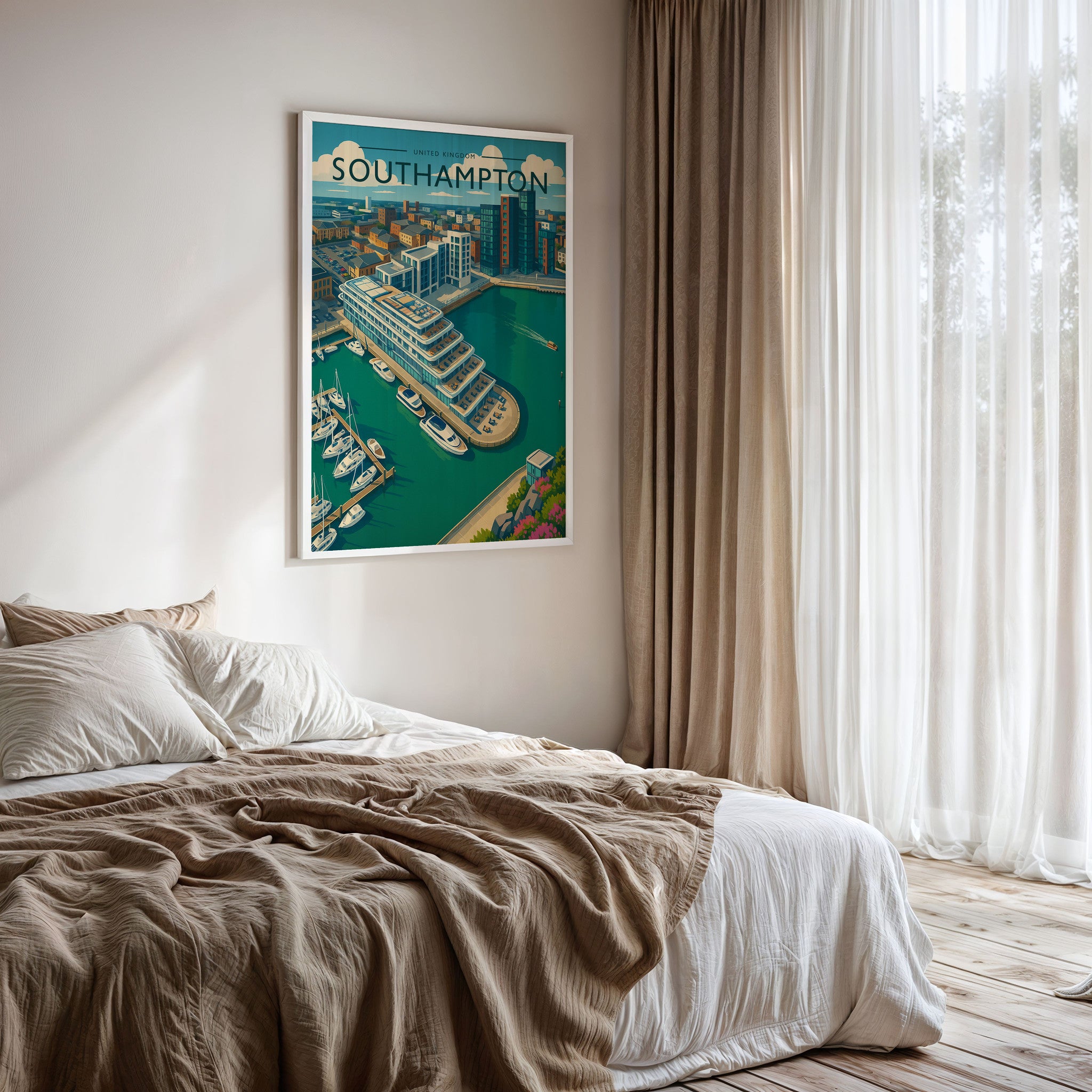 Southampton Travel Poster framed on a bedroom wall