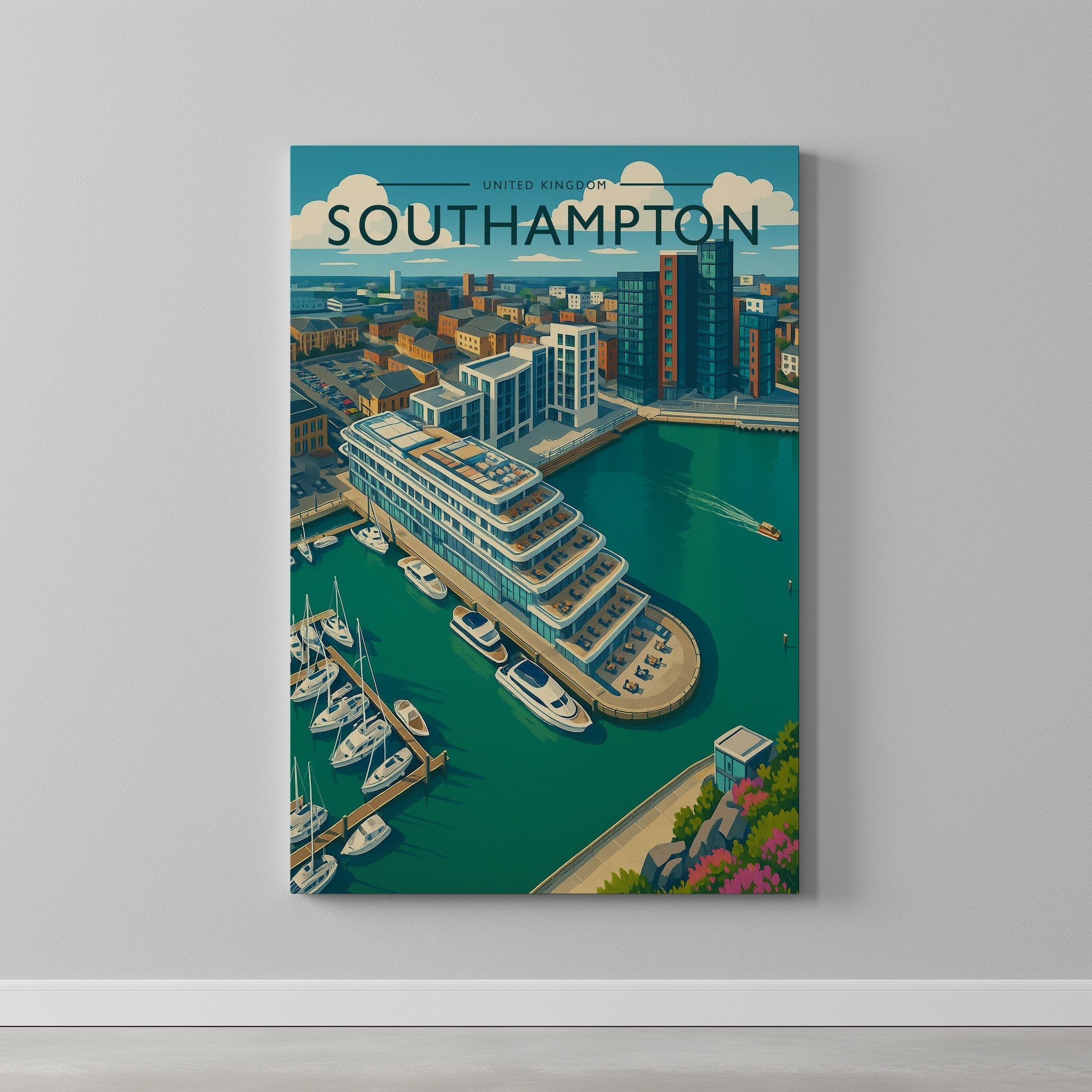 Southampton Travel Poster as a gallery-wrapped canvas on a plain wall