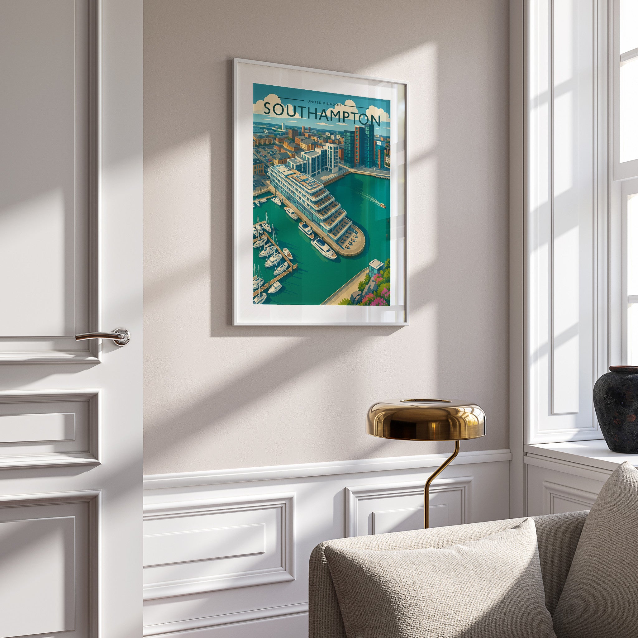Southampton Travel Poster in a white frame on a panelled wall