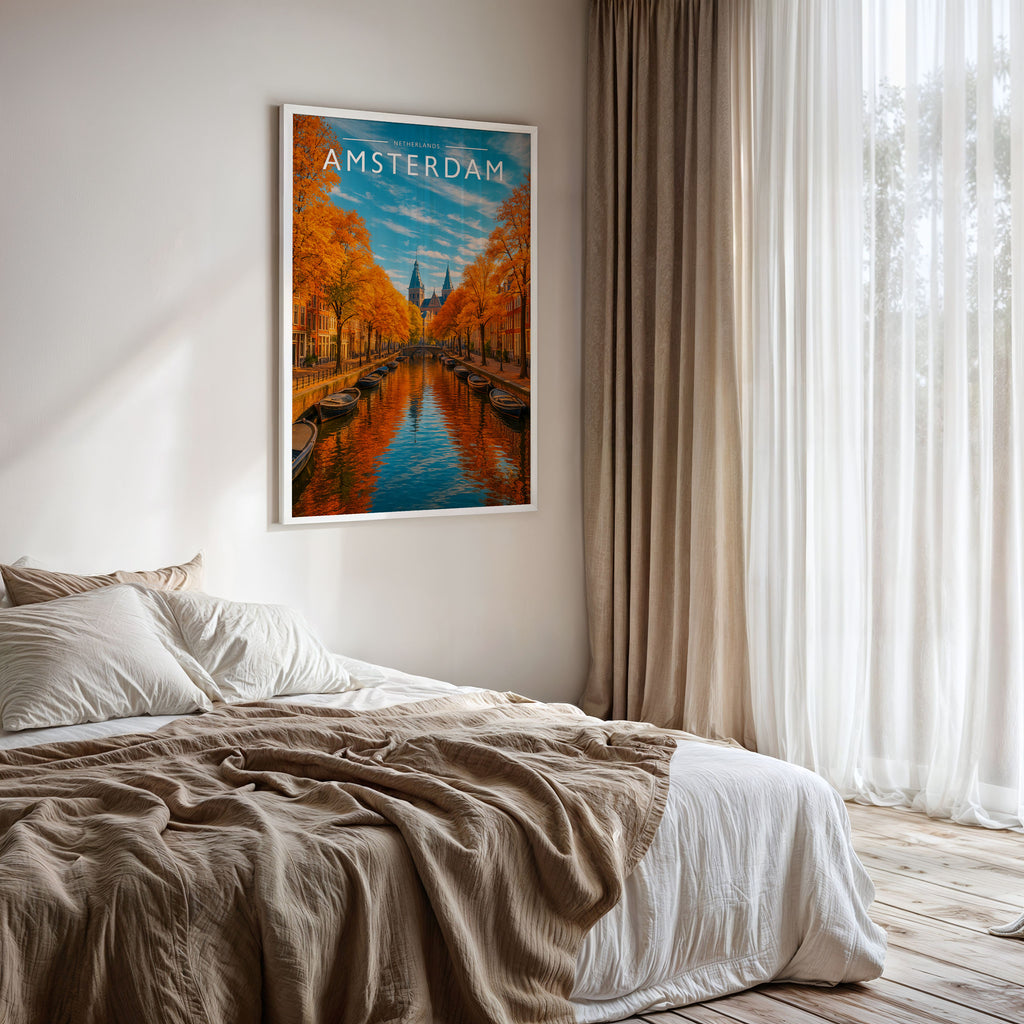 Amsterdam Travel Poster framed on a bedroom wall