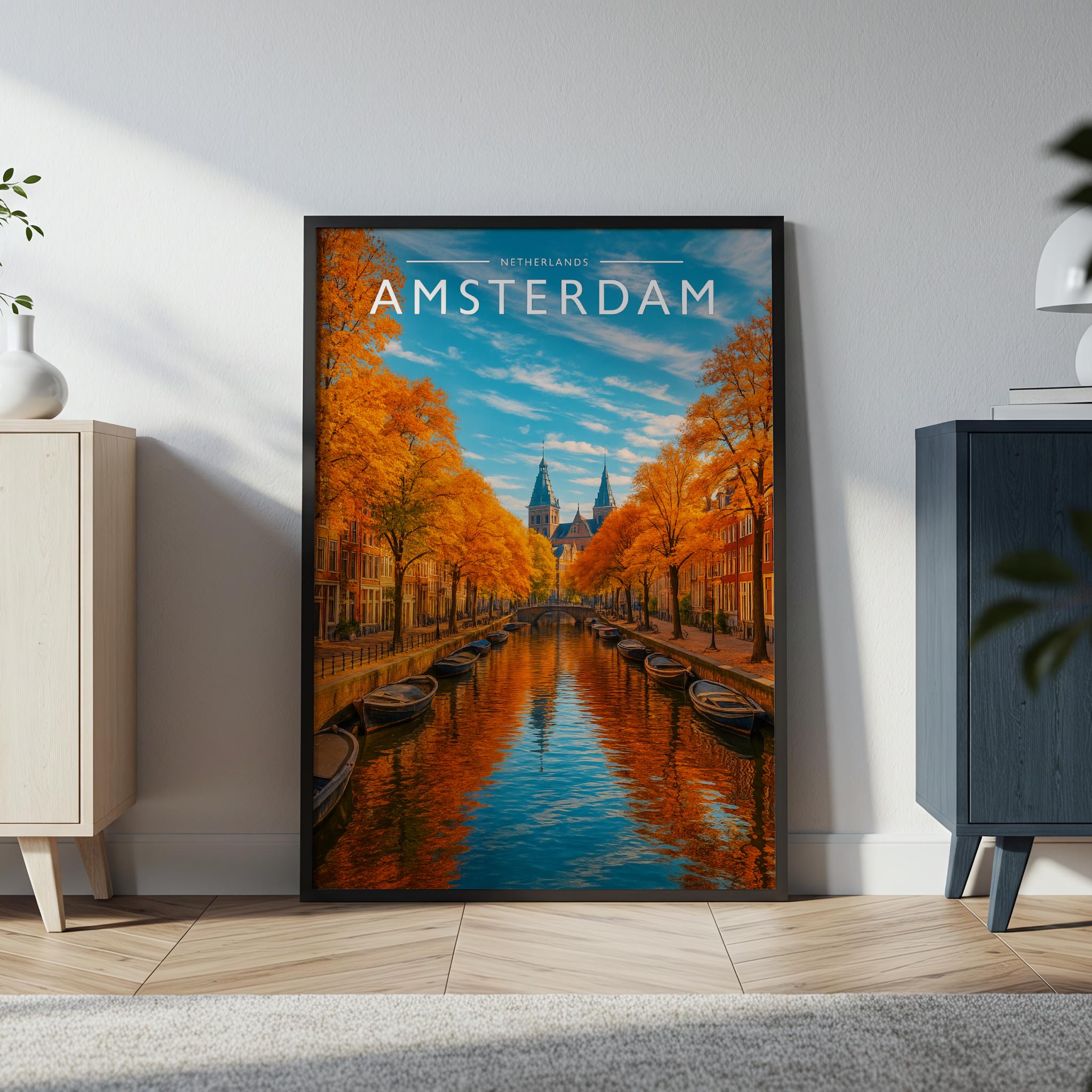 Amsterdam Travel Poster in a black frame