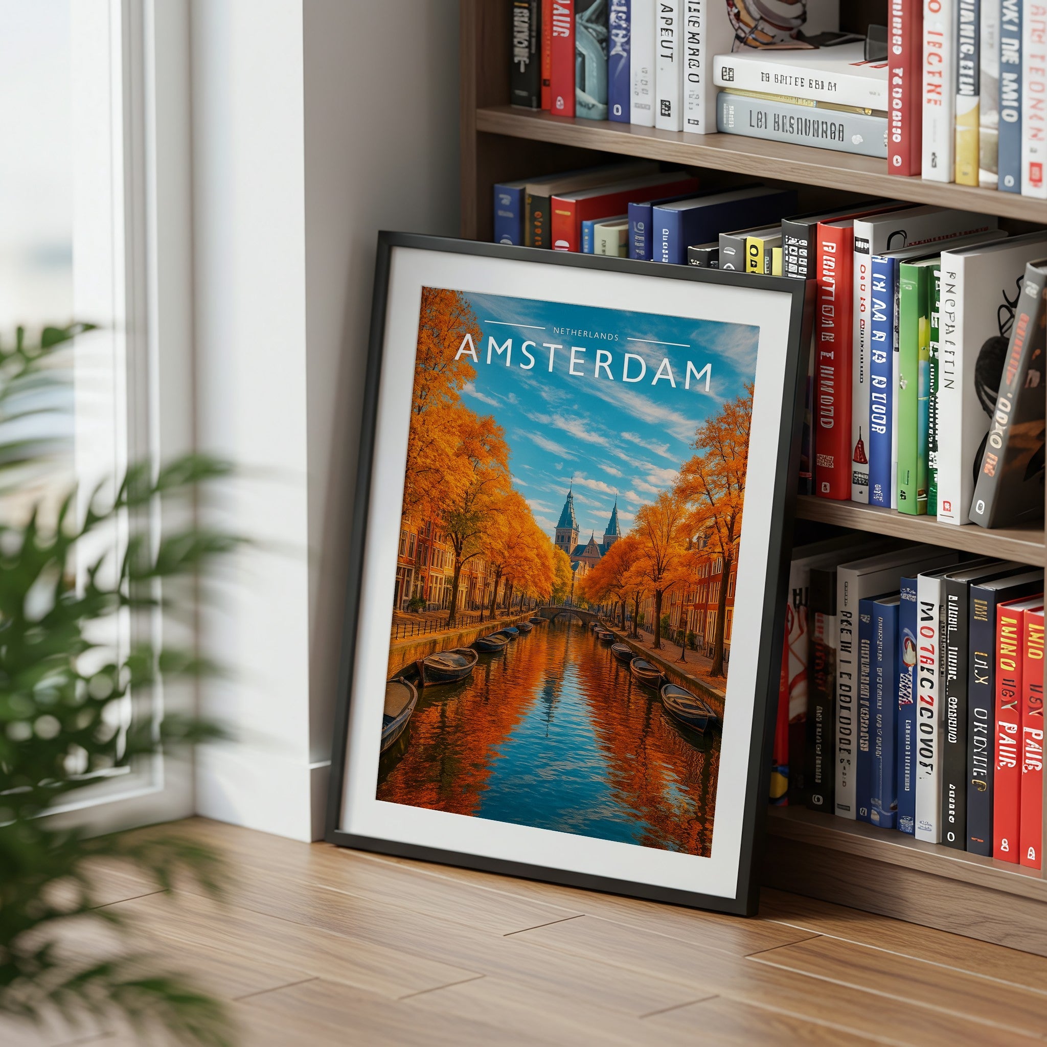 Amsterdam Travel Poster mounted in a black frame