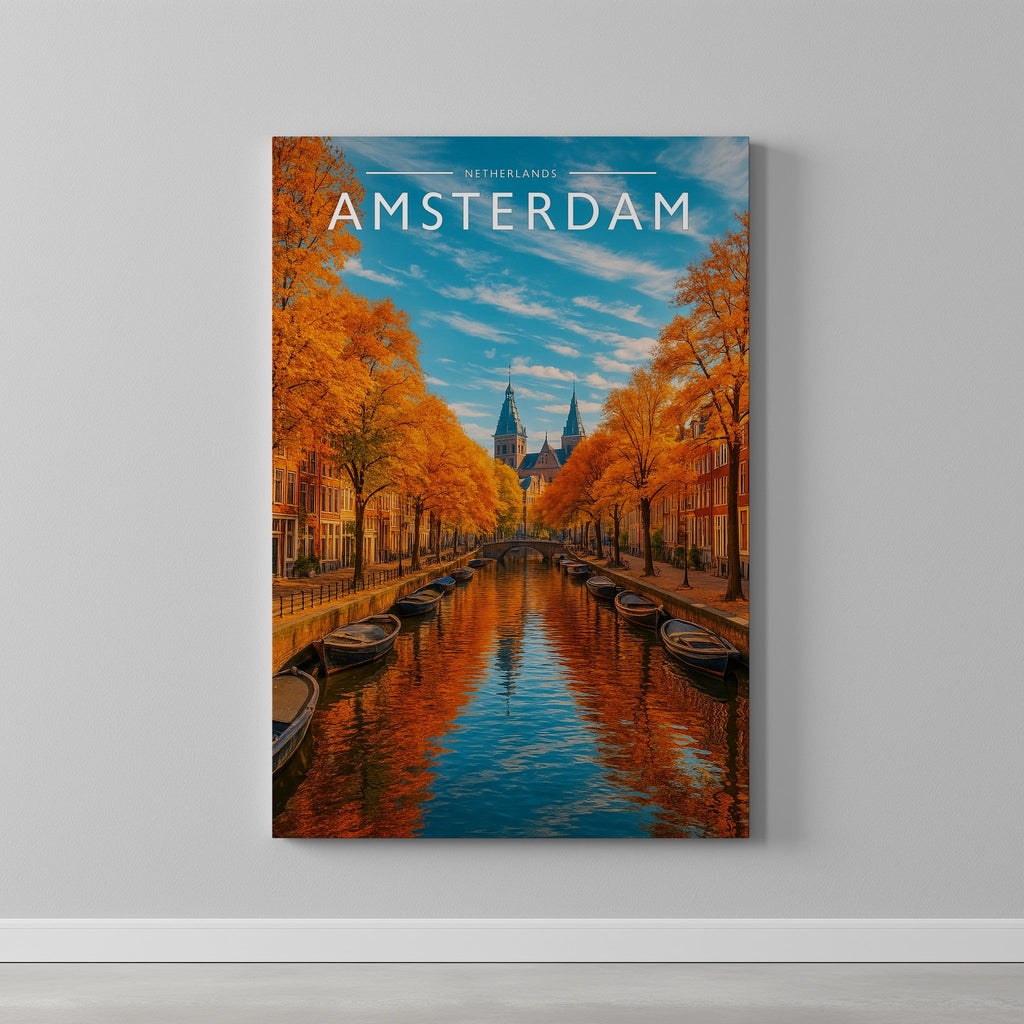Amsterdam Travel Poster as a gallery-wrapped canvas on a plain wall