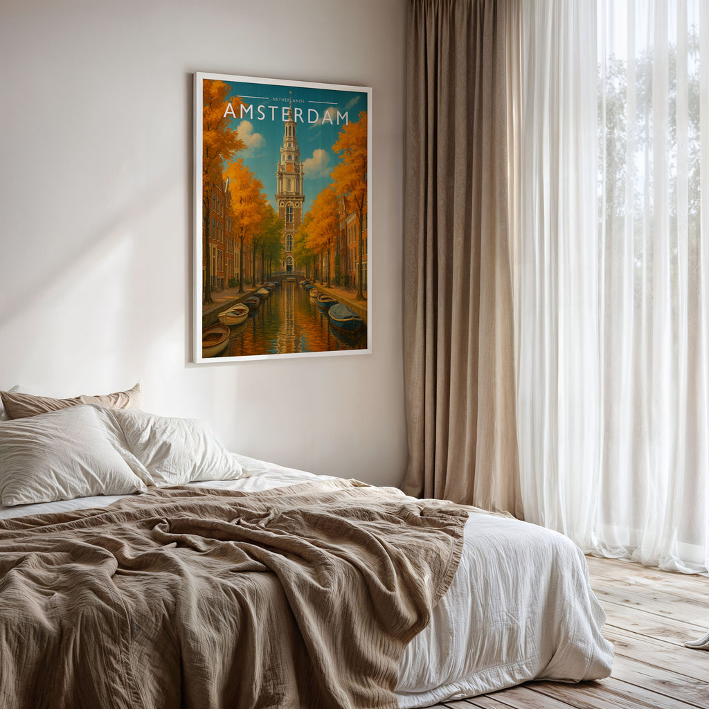 Amsterdam #2 Travel Poster framed on a bedroom wall