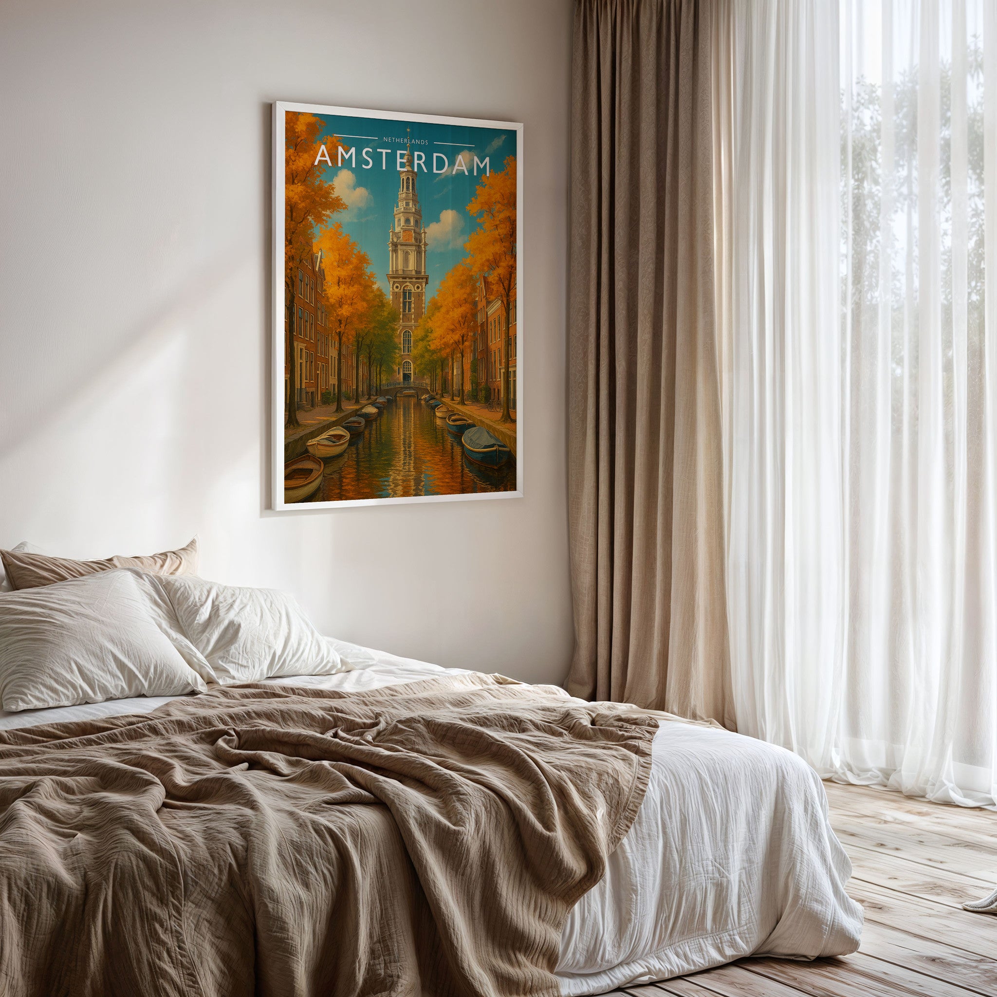 Amsterdam #2 Travel Poster framed on a bedroom wall