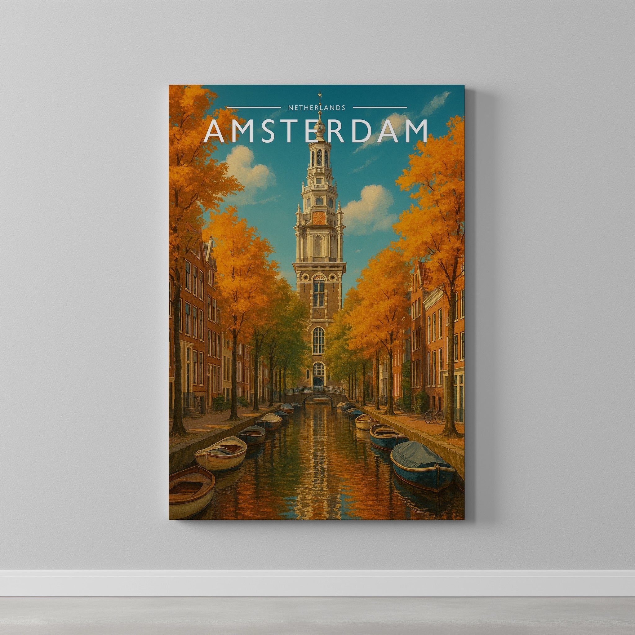 Amsterdam #2 Travel Poster as a gallery-wrapped canvas on a plain wall