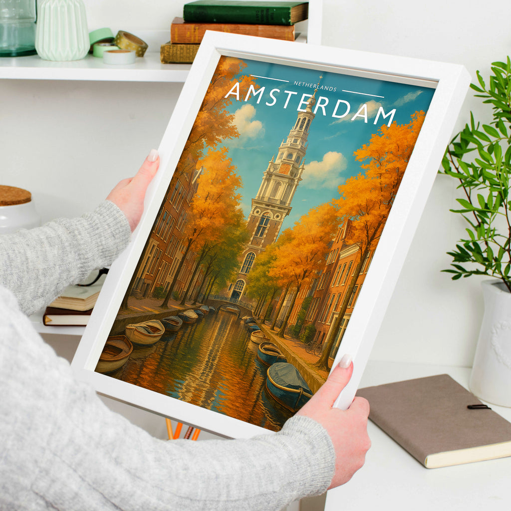 Amsterdam #2 Travel Poster in a white frame, held to show scale