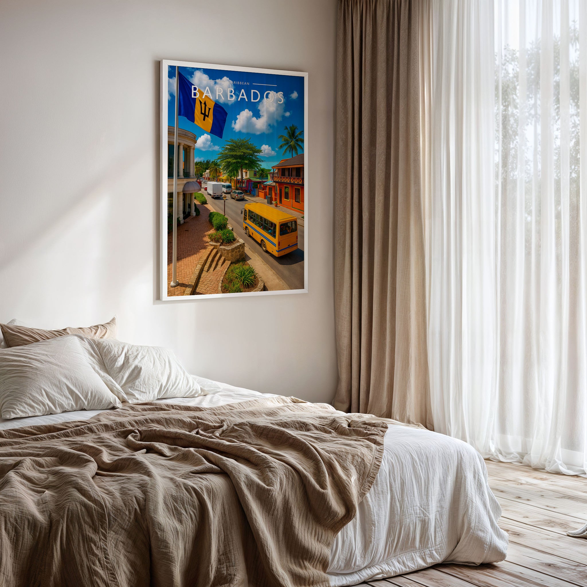 Barbados #2 Travel Poster framed on a bedroom wall
