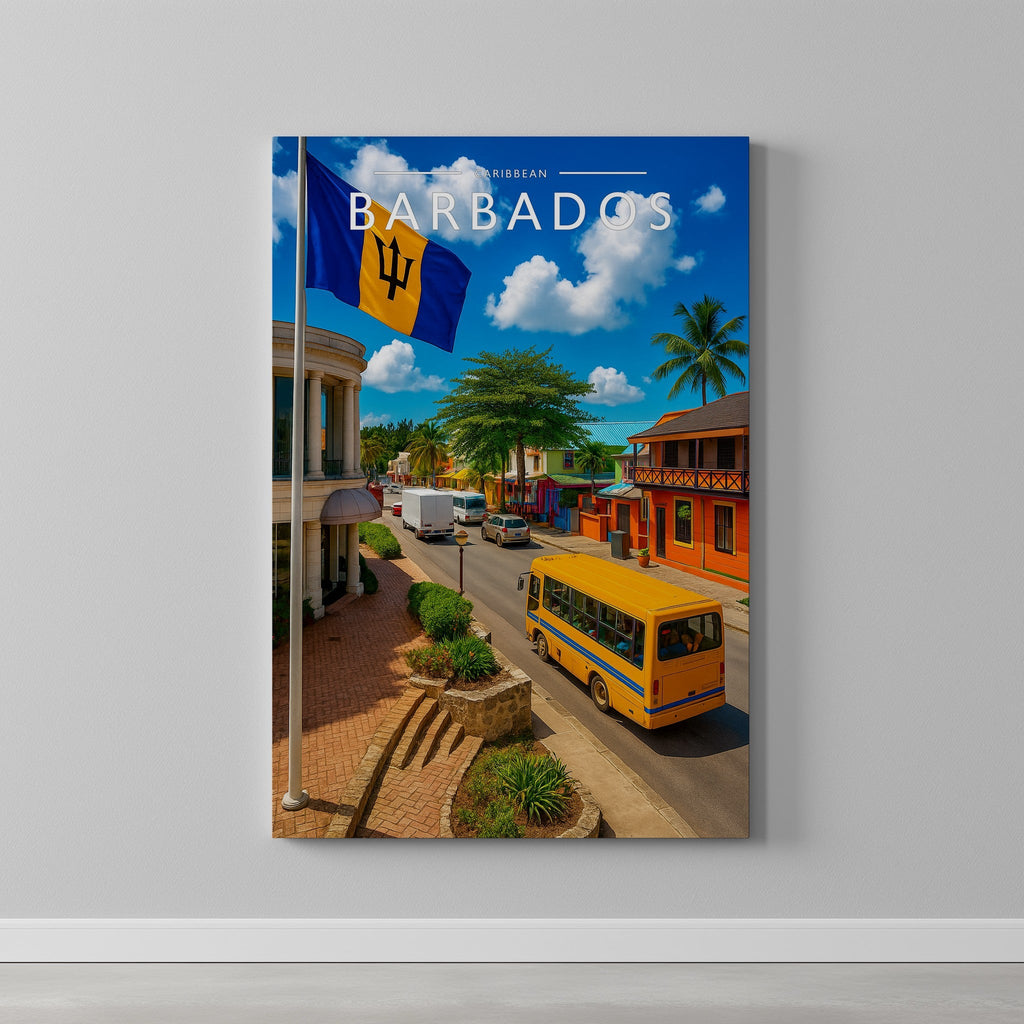 Barbados #2 Travel Poster as a gallery-wrapped canvas on a plain wall