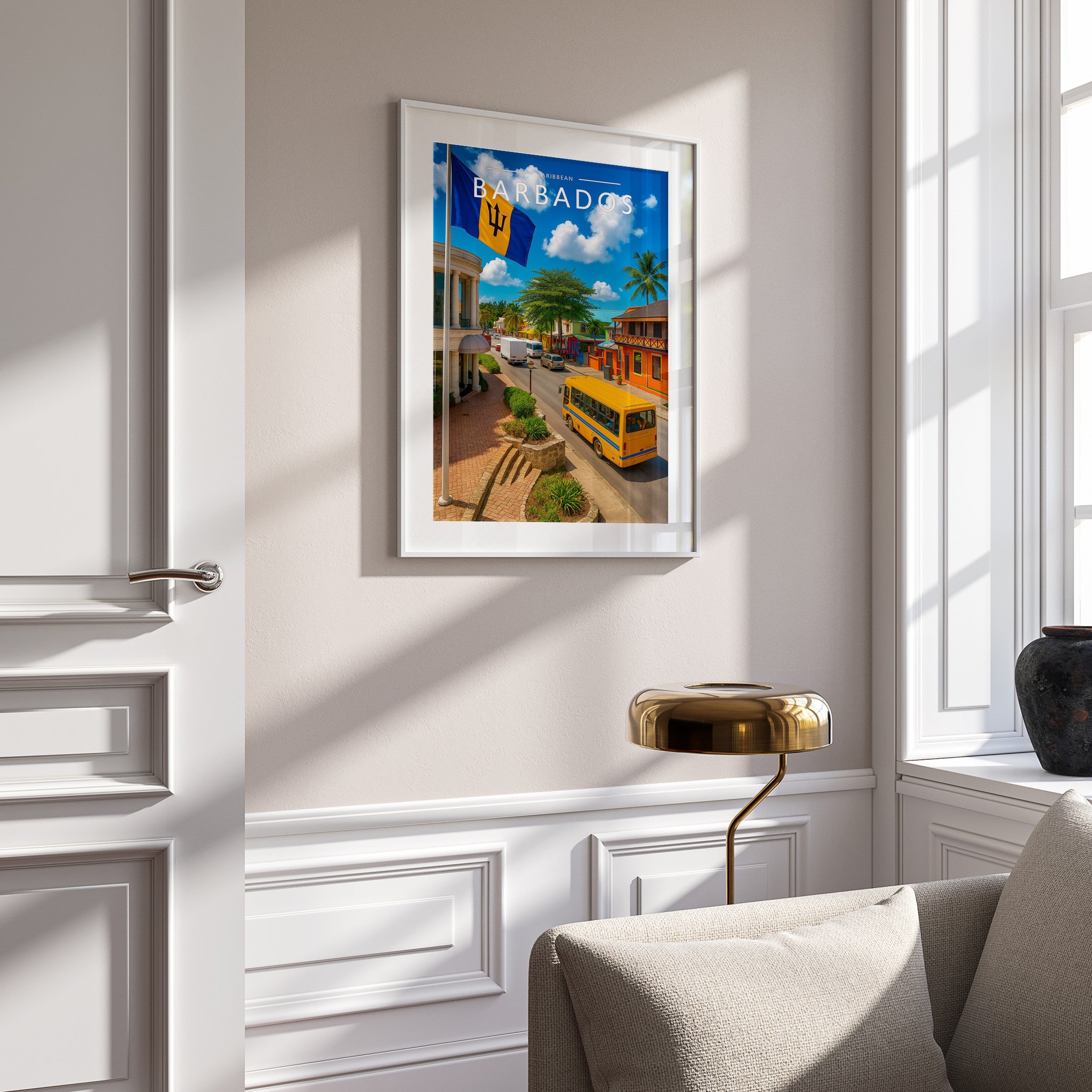 Barbados #2 Travel Poster in a white frame on a panelled wall