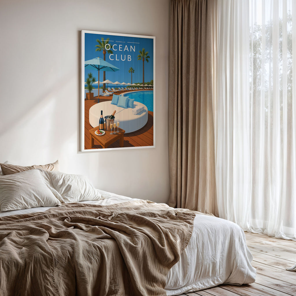 Marbella #2 Travel Poster framed on a bedroom wall