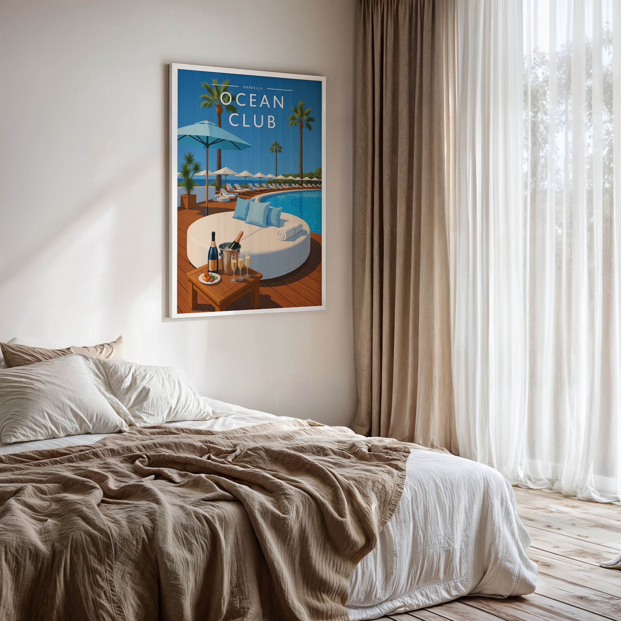 Marbella #2 Travel Poster framed on a bedroom wall