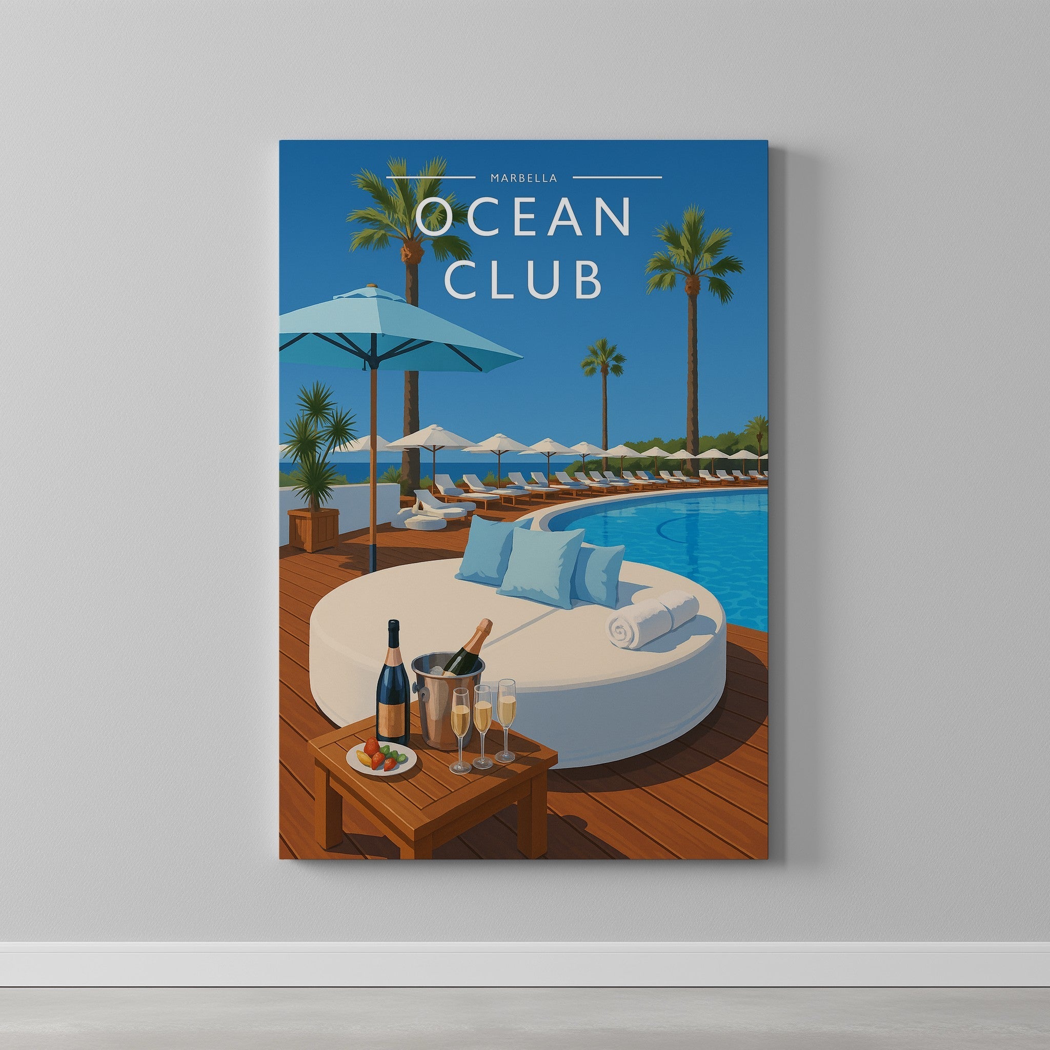 Marbella #2 Travel Poster as a gallery-wrapped canvas on a plain wall