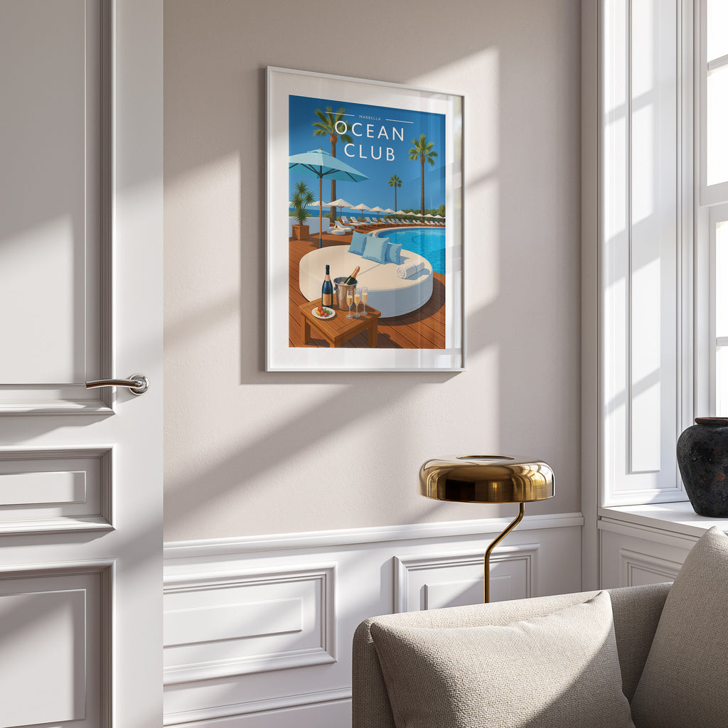 Marbella #2 Travel Poster in a white frame on a panelled wall