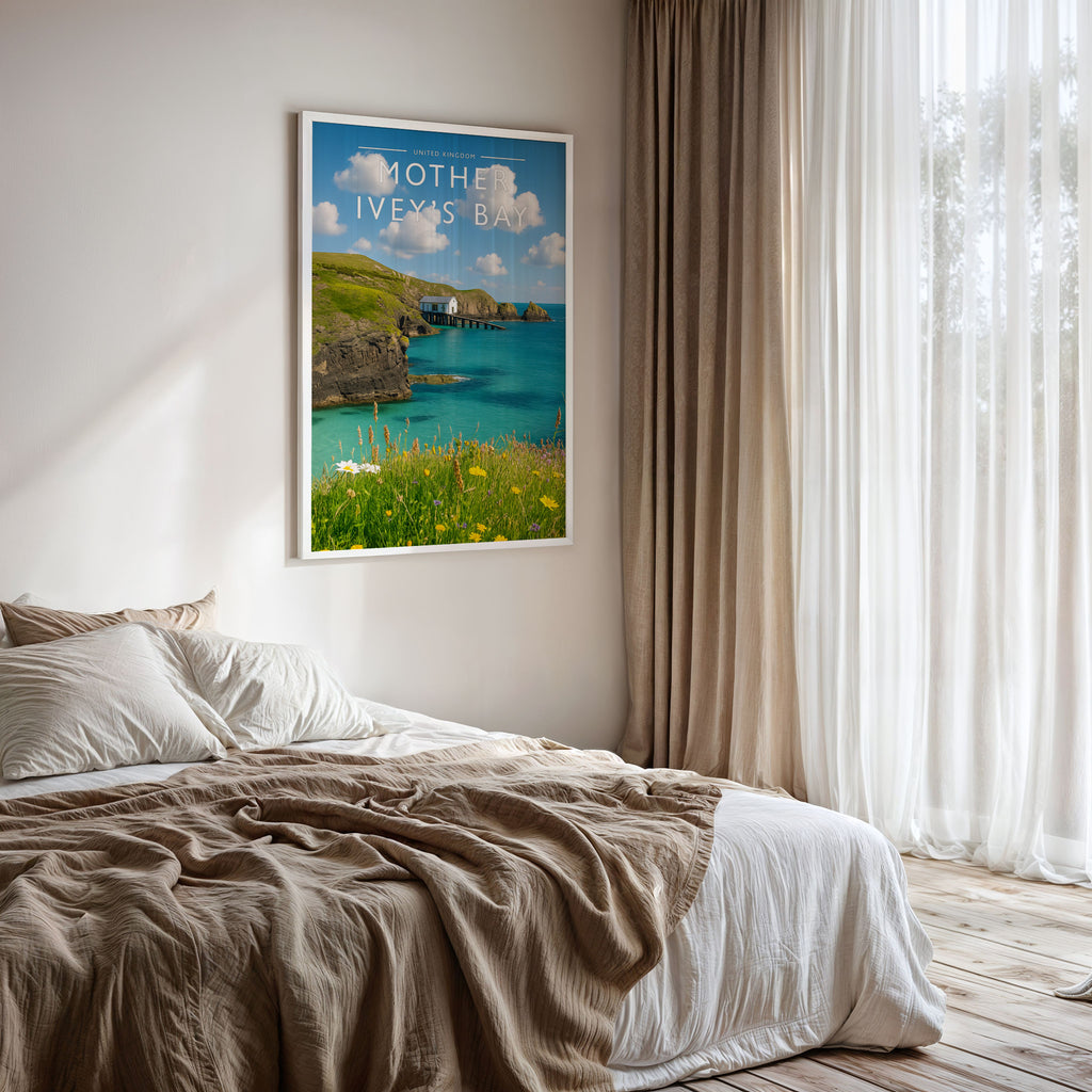 Mother Ivey’s Bay Travel Poster framed on a bedroom wall