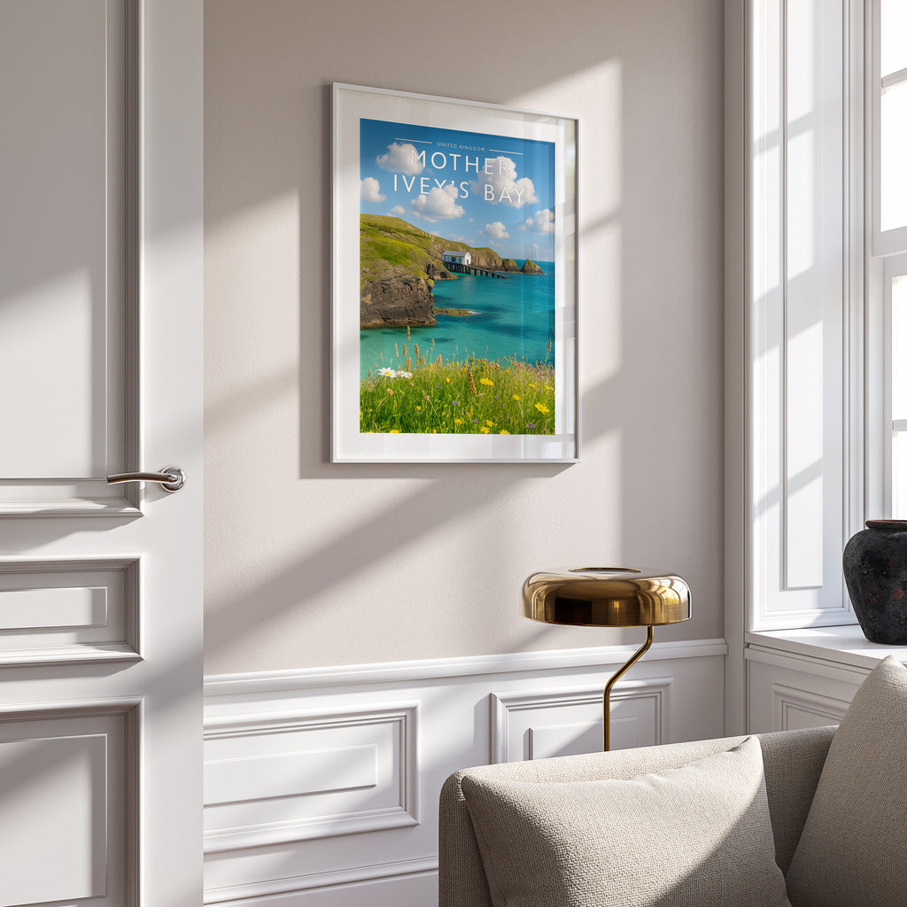 Mother Ivey’s Bay Travel Poster in a white frame on a panelled wall