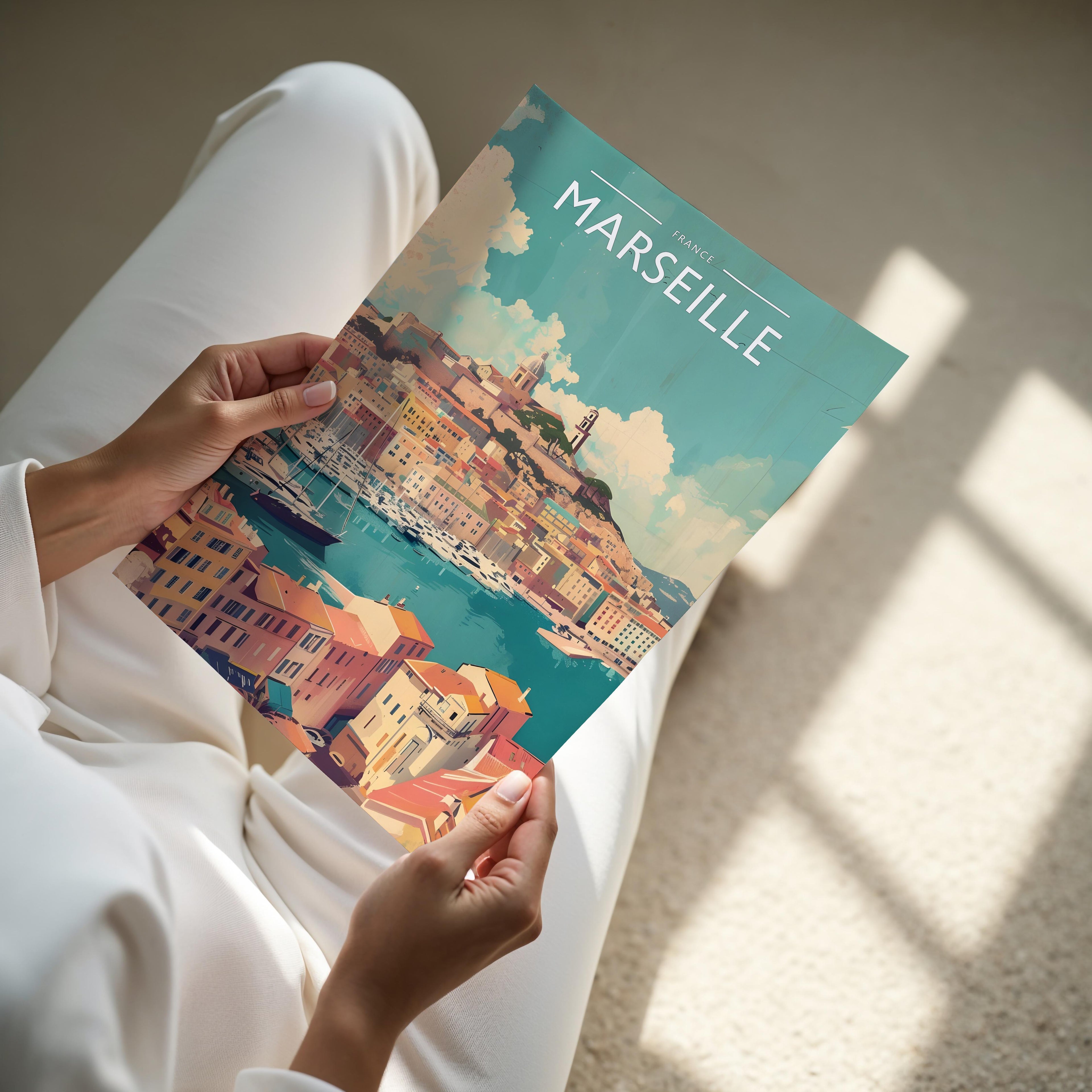 Marseille Travel Poster - A4 print held in hand