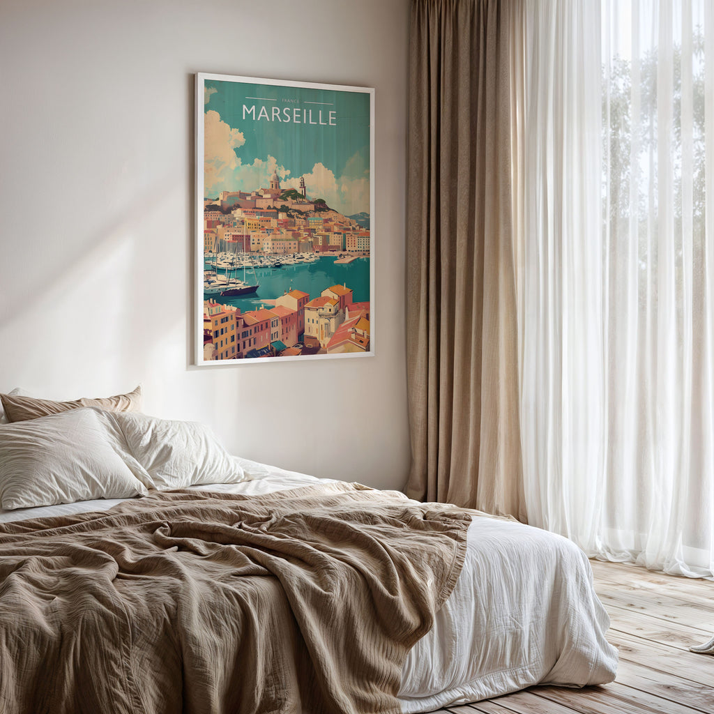 Marseille Travel Poster framed on a bedroom wall