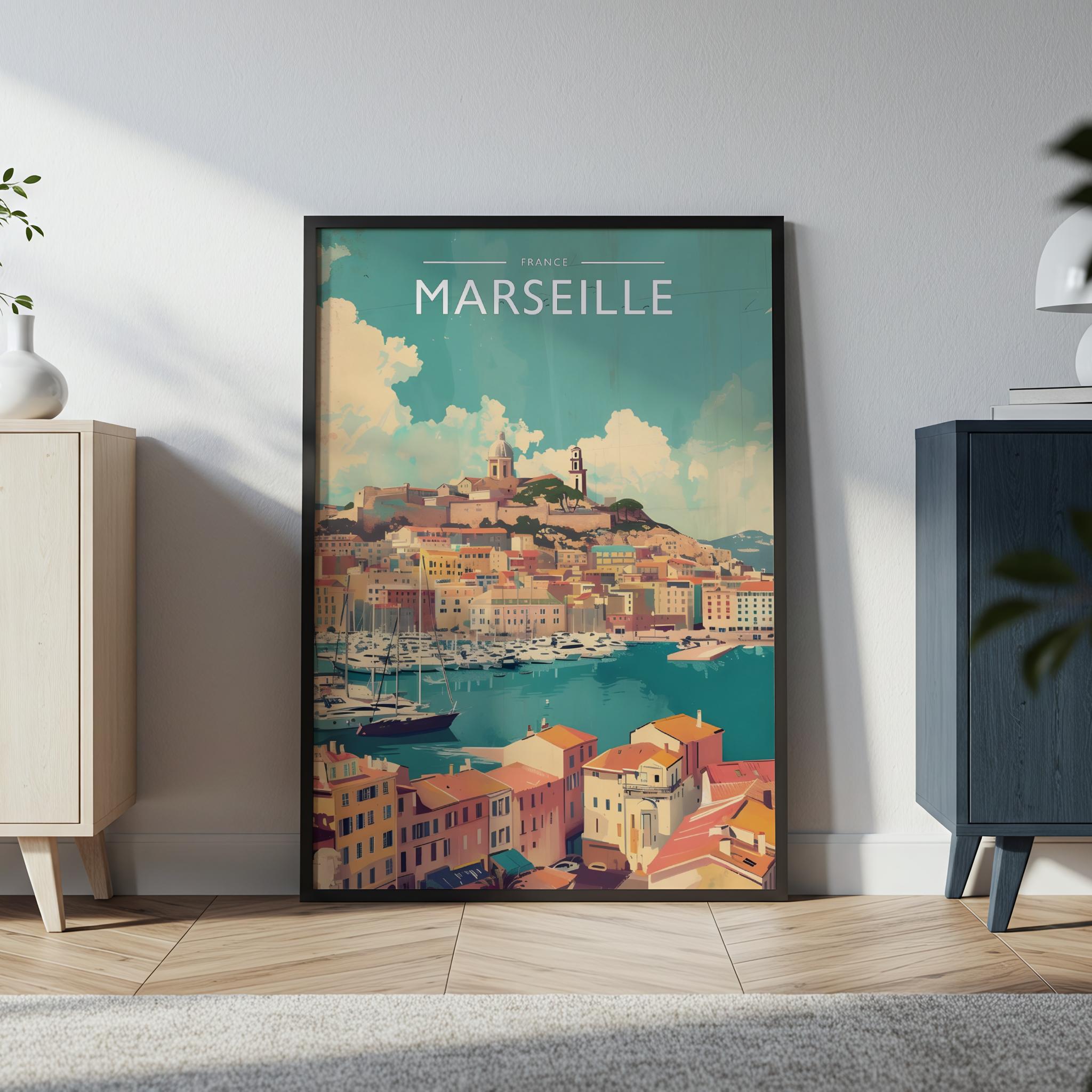 Marseille Travel Poster in a black frame