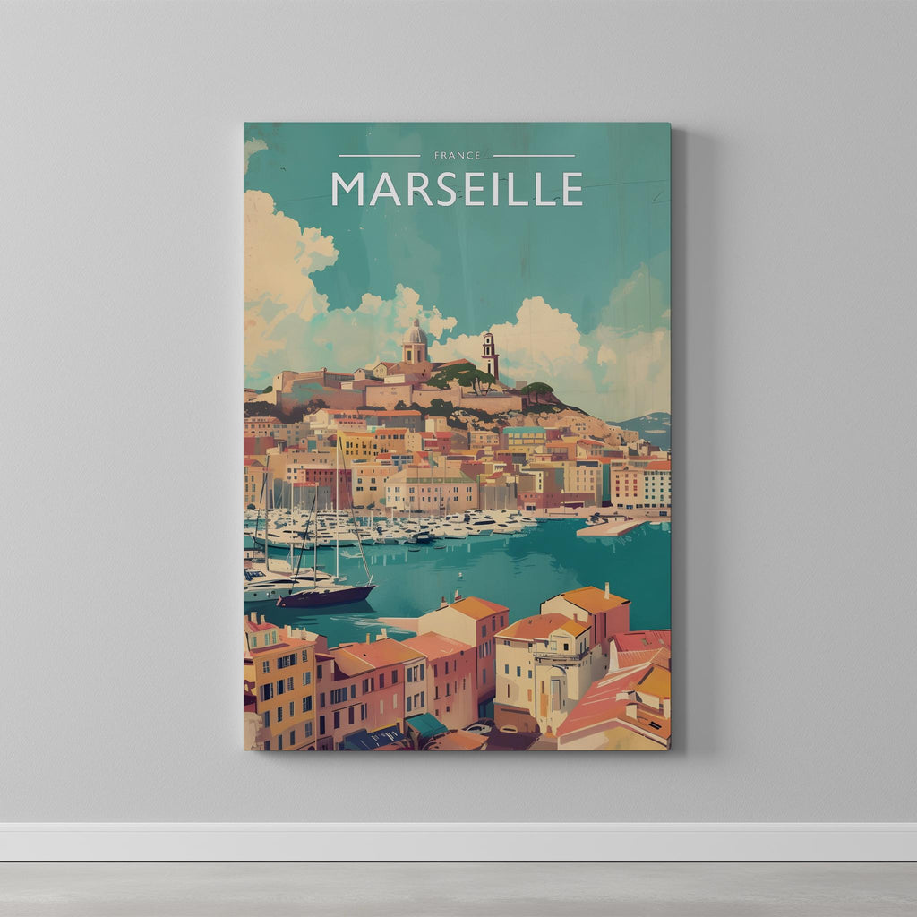 Marseille Travel Poster as a gallery-wrapped canvas on a plain wall