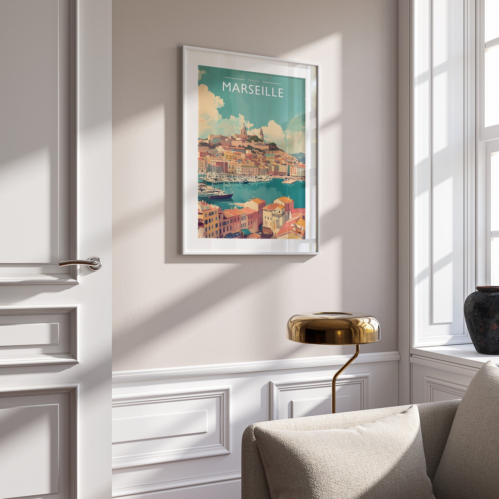 Marseille Travel Poster in a white frame on a panelled wall