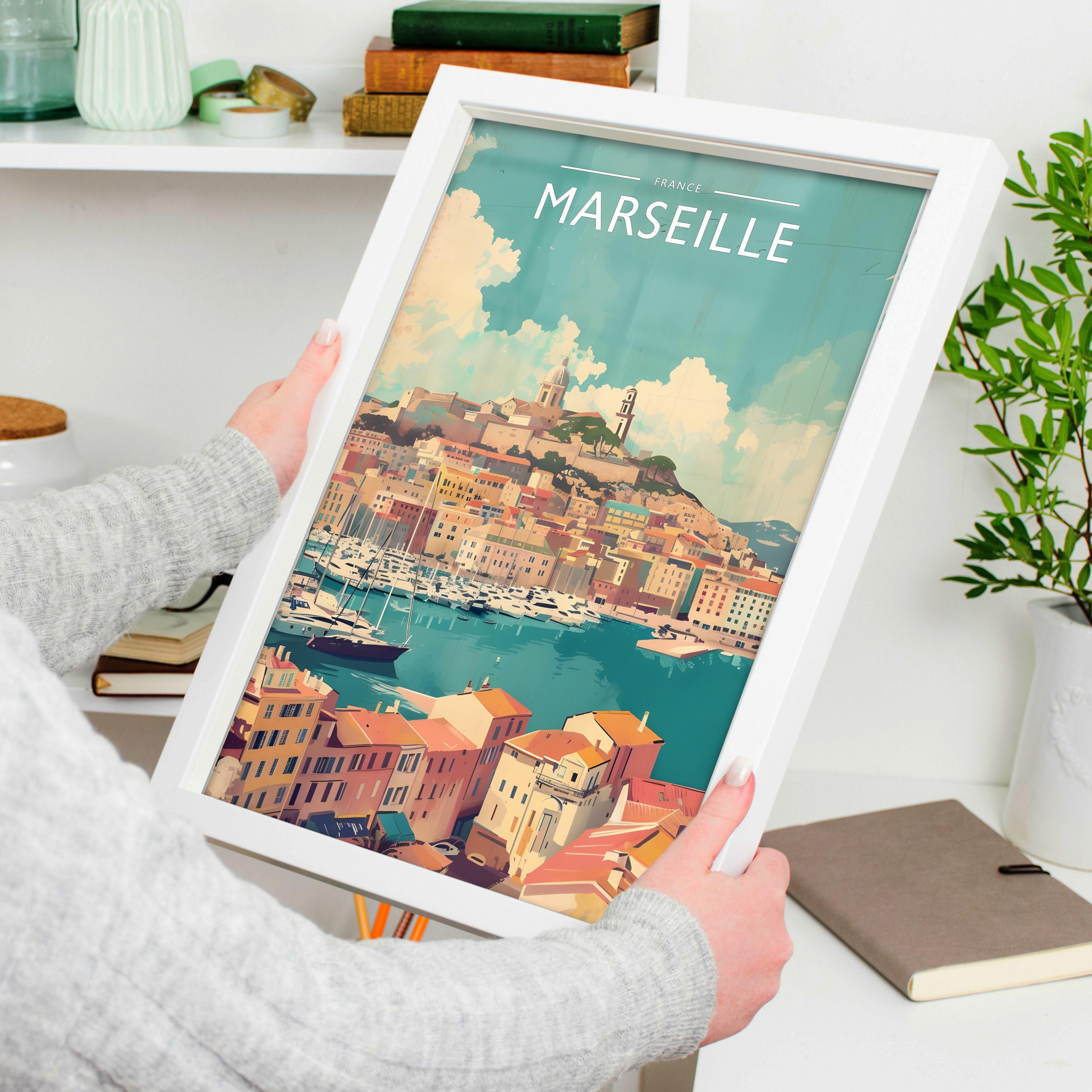 Marseille Travel Poster held in a white frame