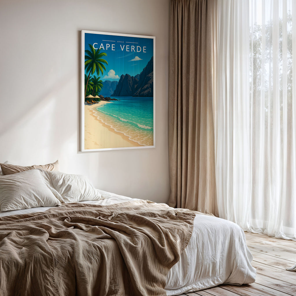 Cape Verde Travel Poster framed on a bedroom wall