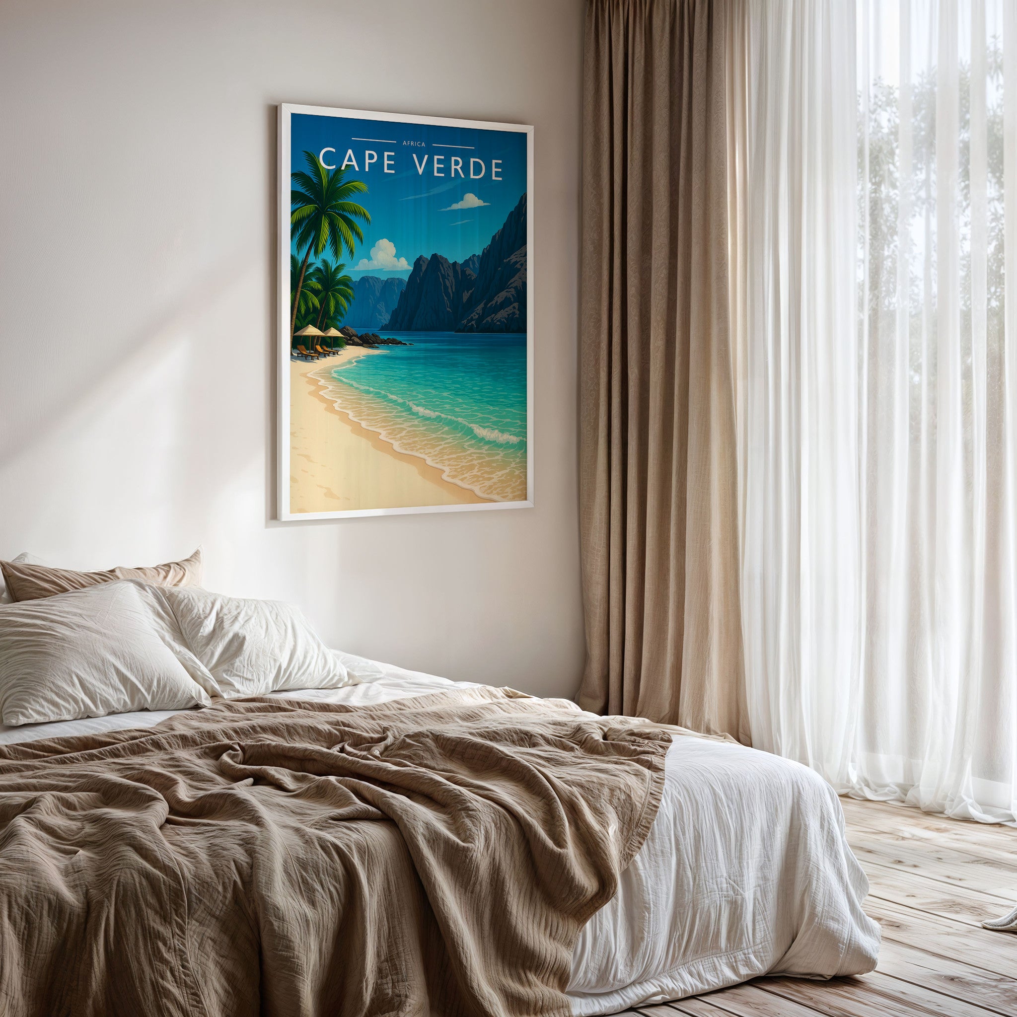 Cape Verde Travel Poster framed on a bedroom wall