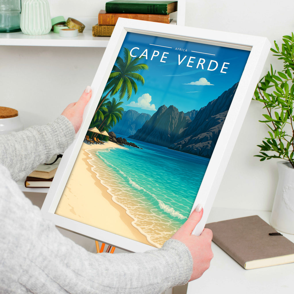 Cape Verde Travel Poster in a white frame, held to show scale