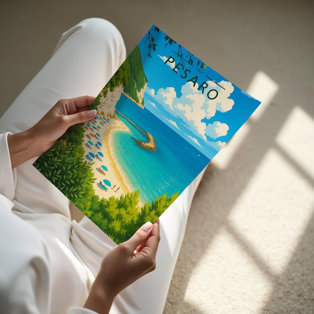 Pesaro Travel Poster - A4 print held in hand