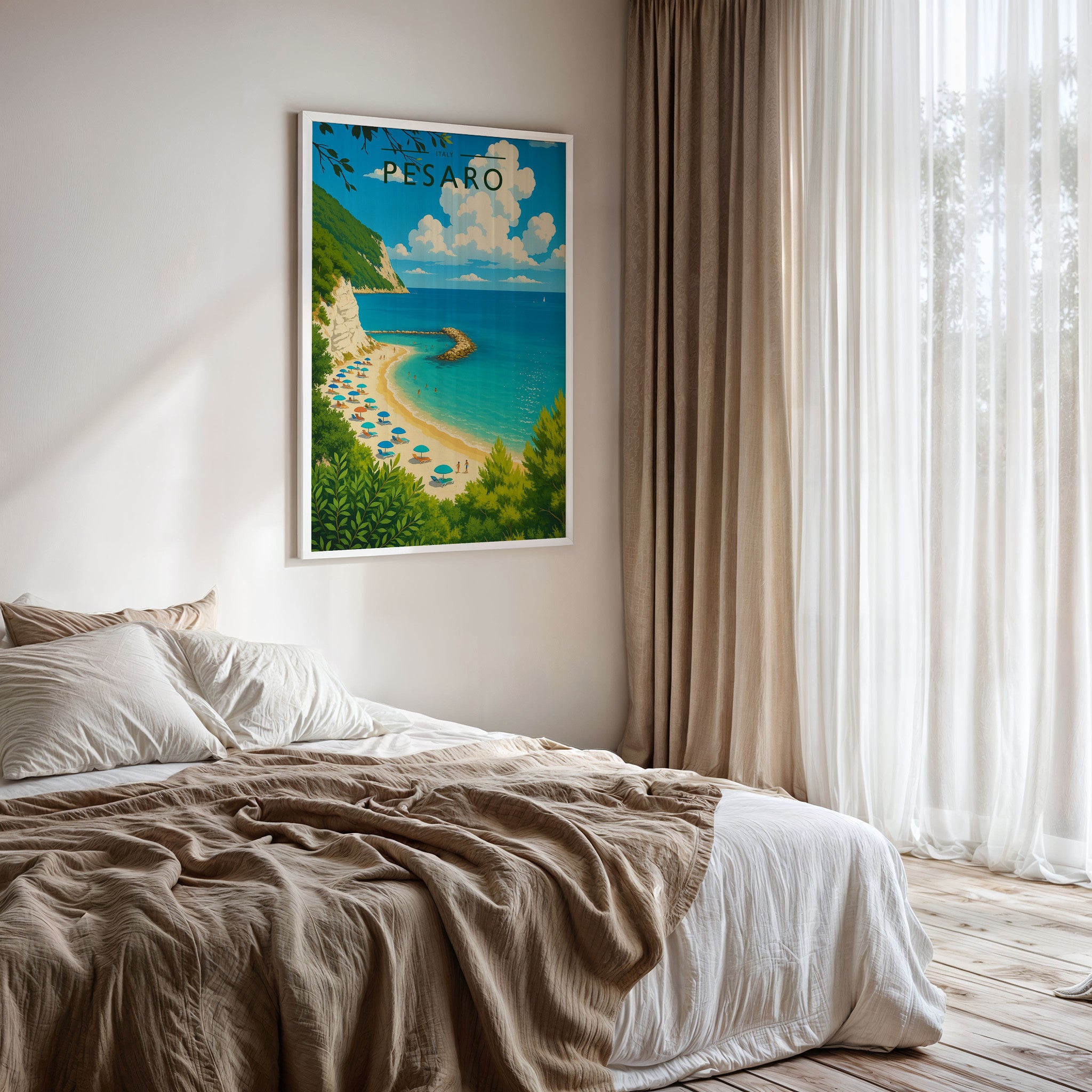 Pesaro Travel Poster framed on a bedroom wall