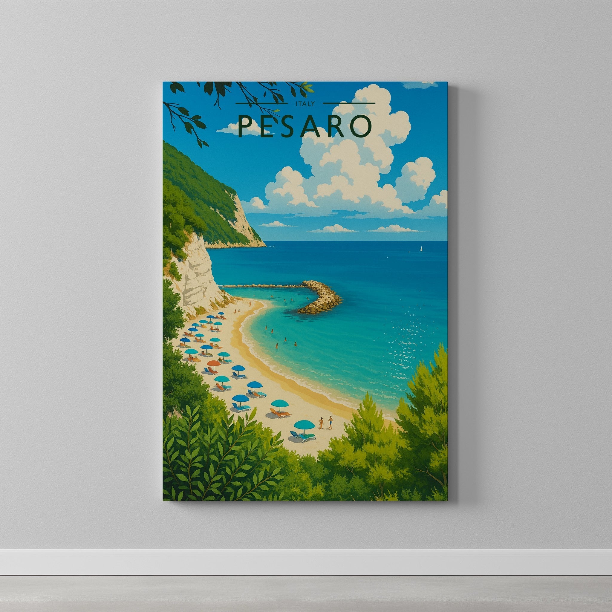 Pesaro Travel Poster as a gallery-wrapped canvas on a plain wall