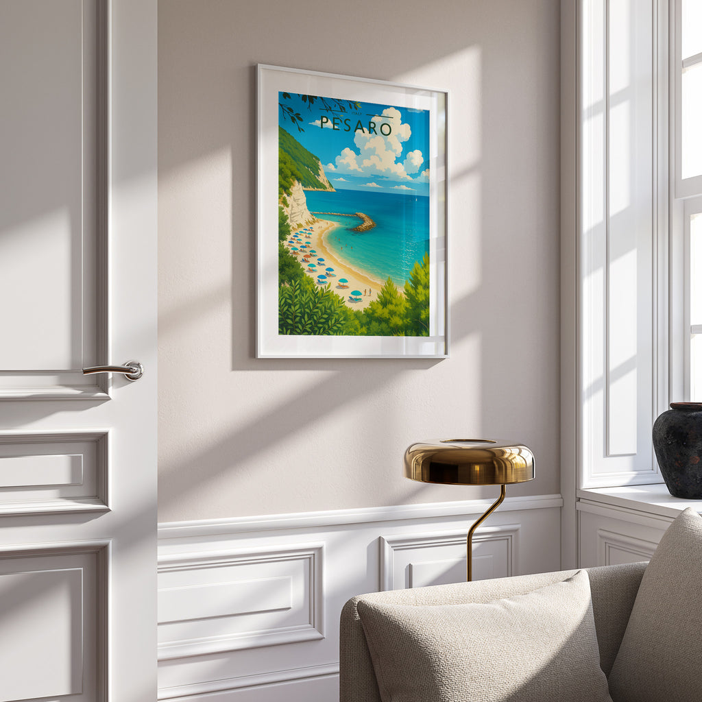 Pesaro Travel Poster in a white frame on a panelled wall
