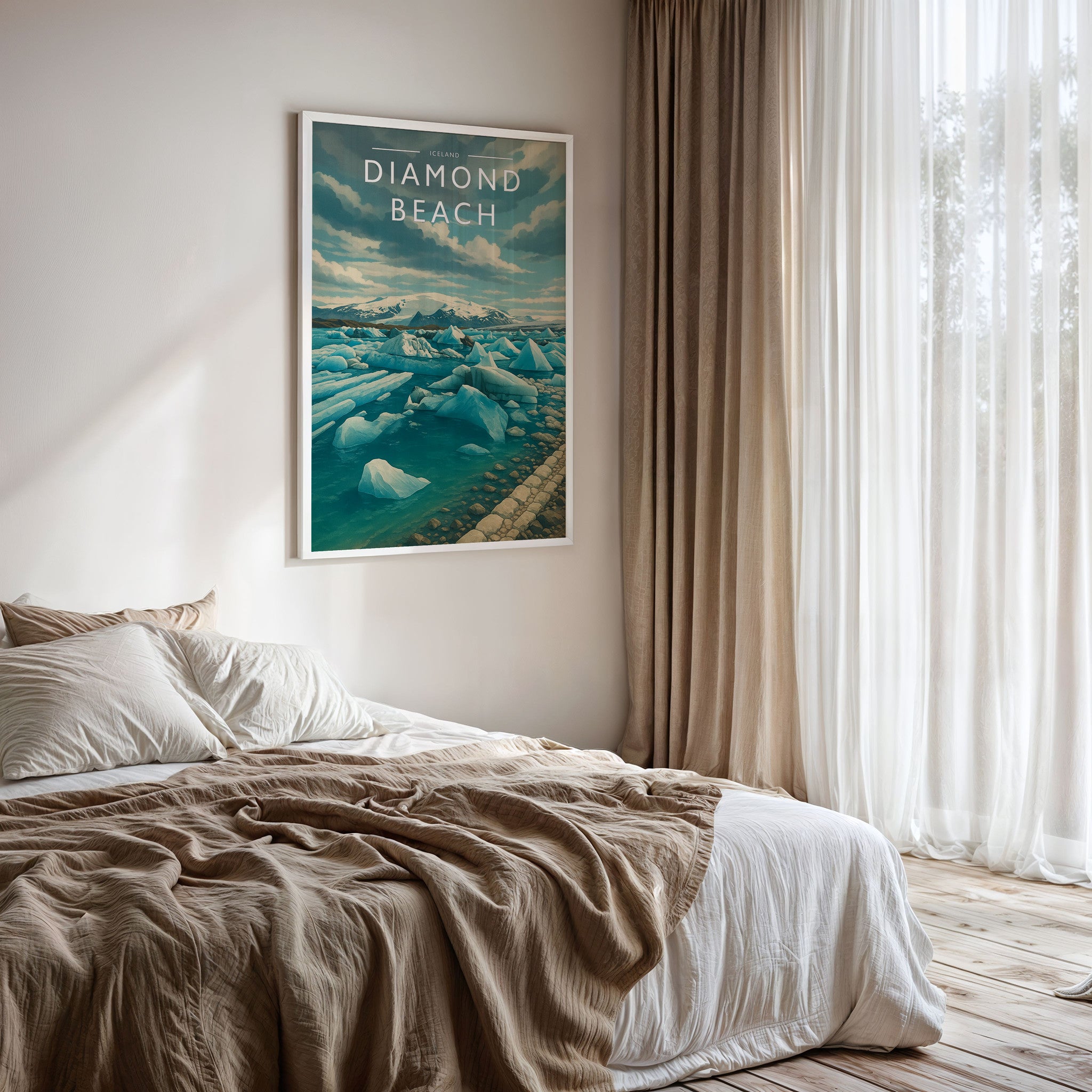 Diamond Beach Travel Poster framed on a bedroom wall