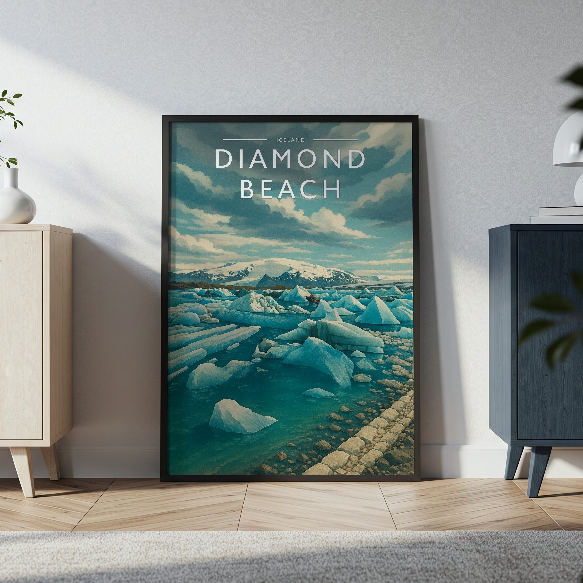 Diamond Beach Travel Poster in a black frame